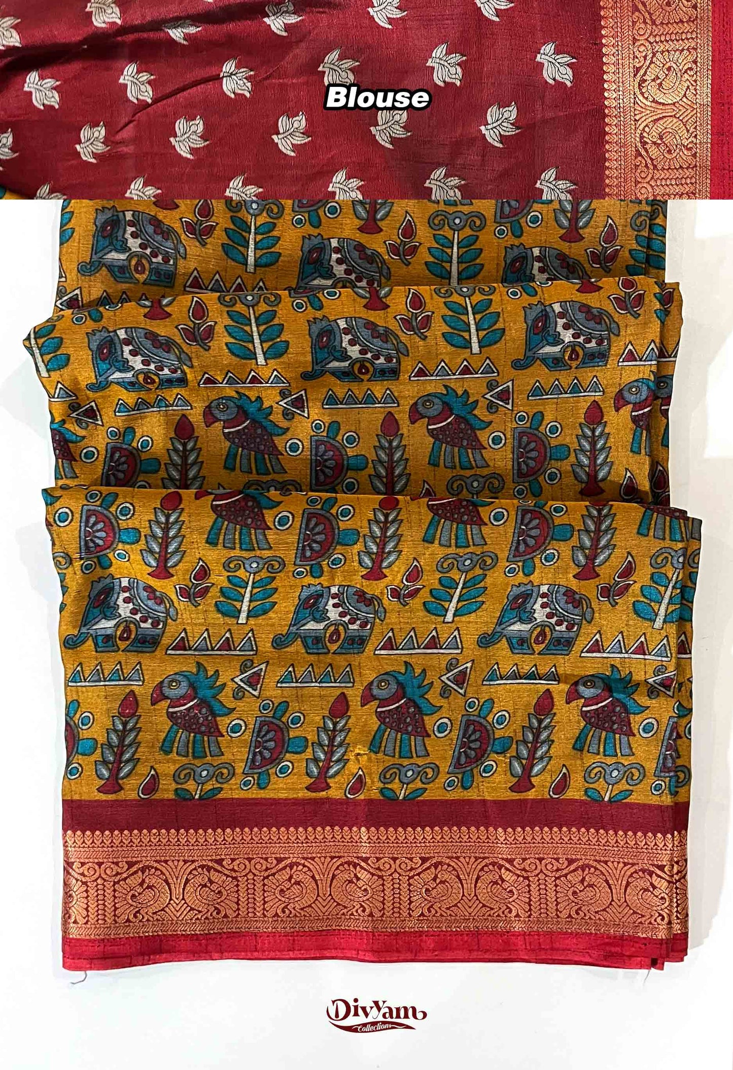 DC277 | Maheshwari Silk Saree with Kalamkari Animal Print & Rich Jari Border