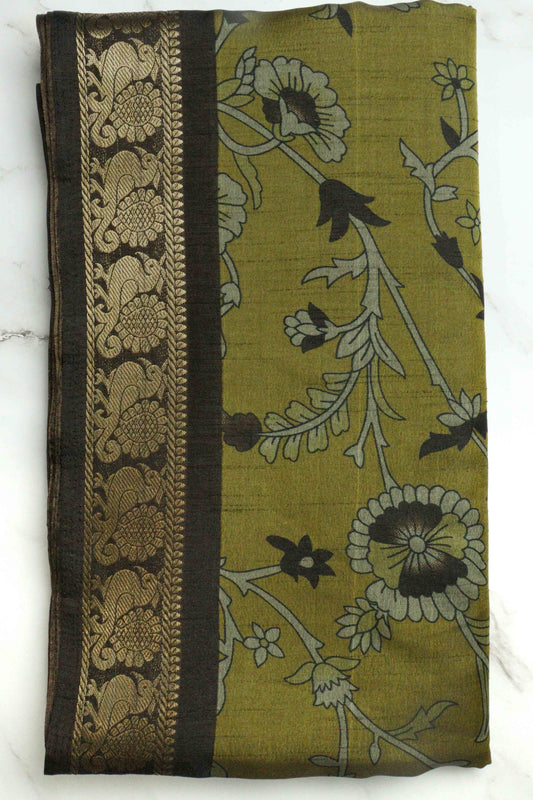 DCMS39 Mustard Green Maheshwari Silk Sarees with Narayanapattu Border & Kalamkari Print