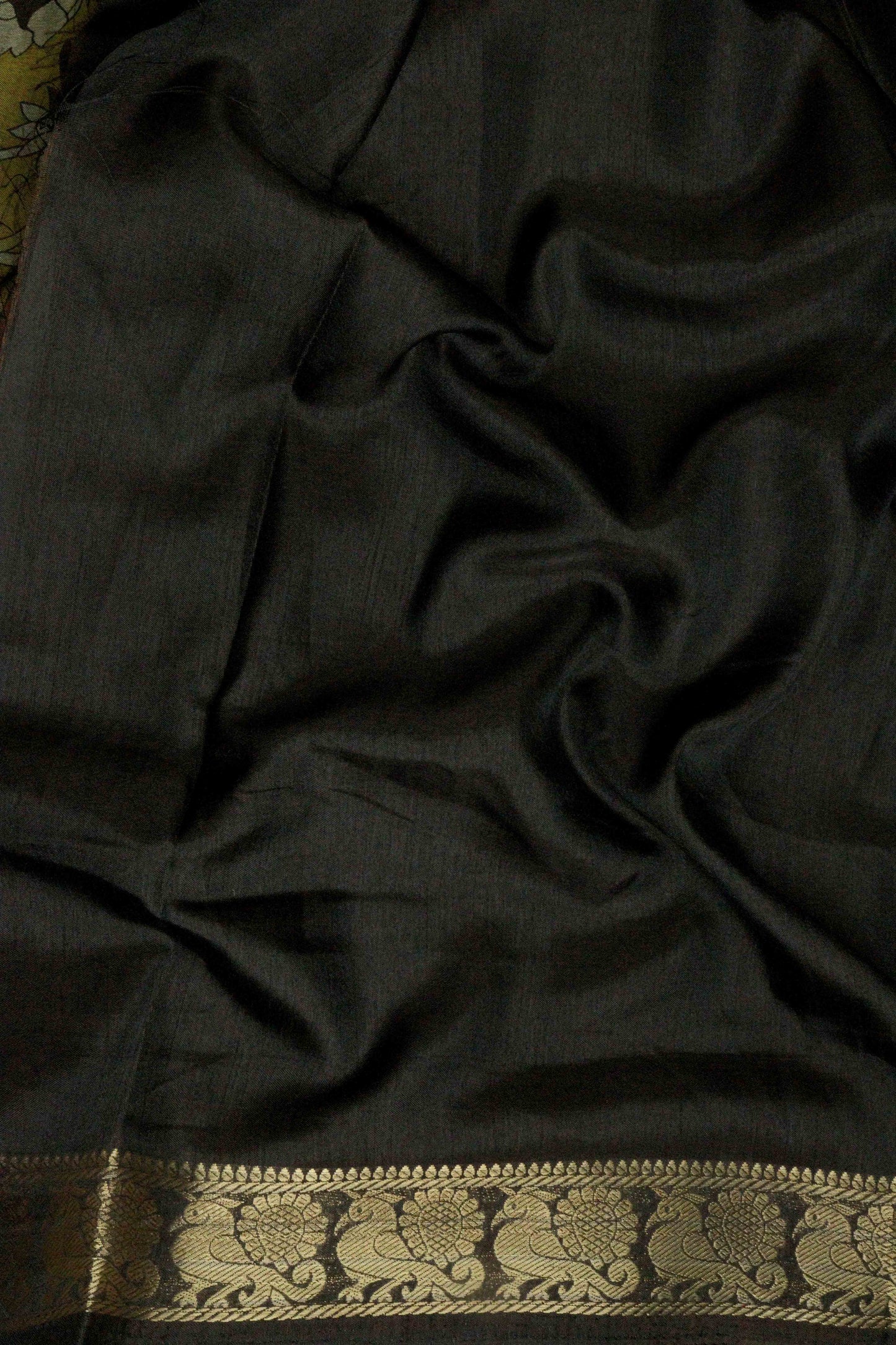 DCMS39 Mustard Green Maheshwari Silk Sarees with Narayanapattu Border & Kalamkari Print