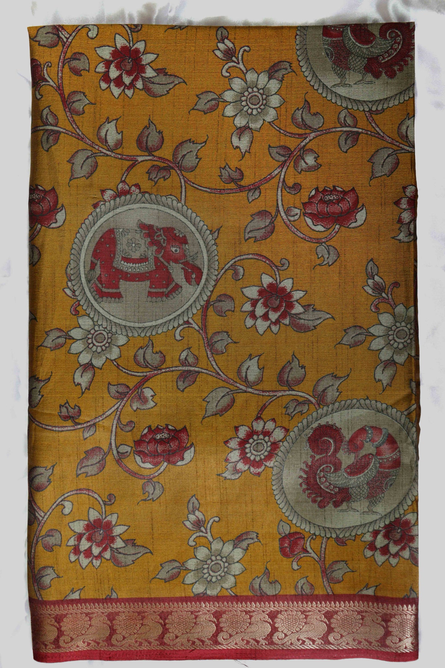 II Maheshwari Silk Saree with Narayana Pattu Border – Mustard with Red Border