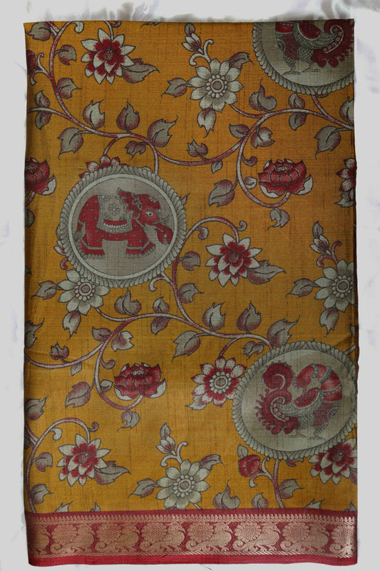 II Maheshwari Silk Saree with Narayana Pattu Border – Mustard with Red Border