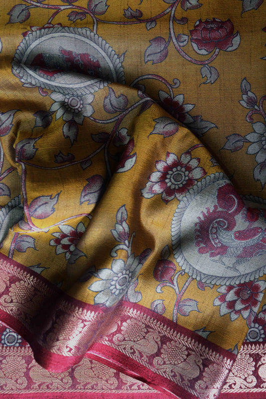 II Maheshwari Silk Saree with Narayana Pattu Border – Mustard with Red Border