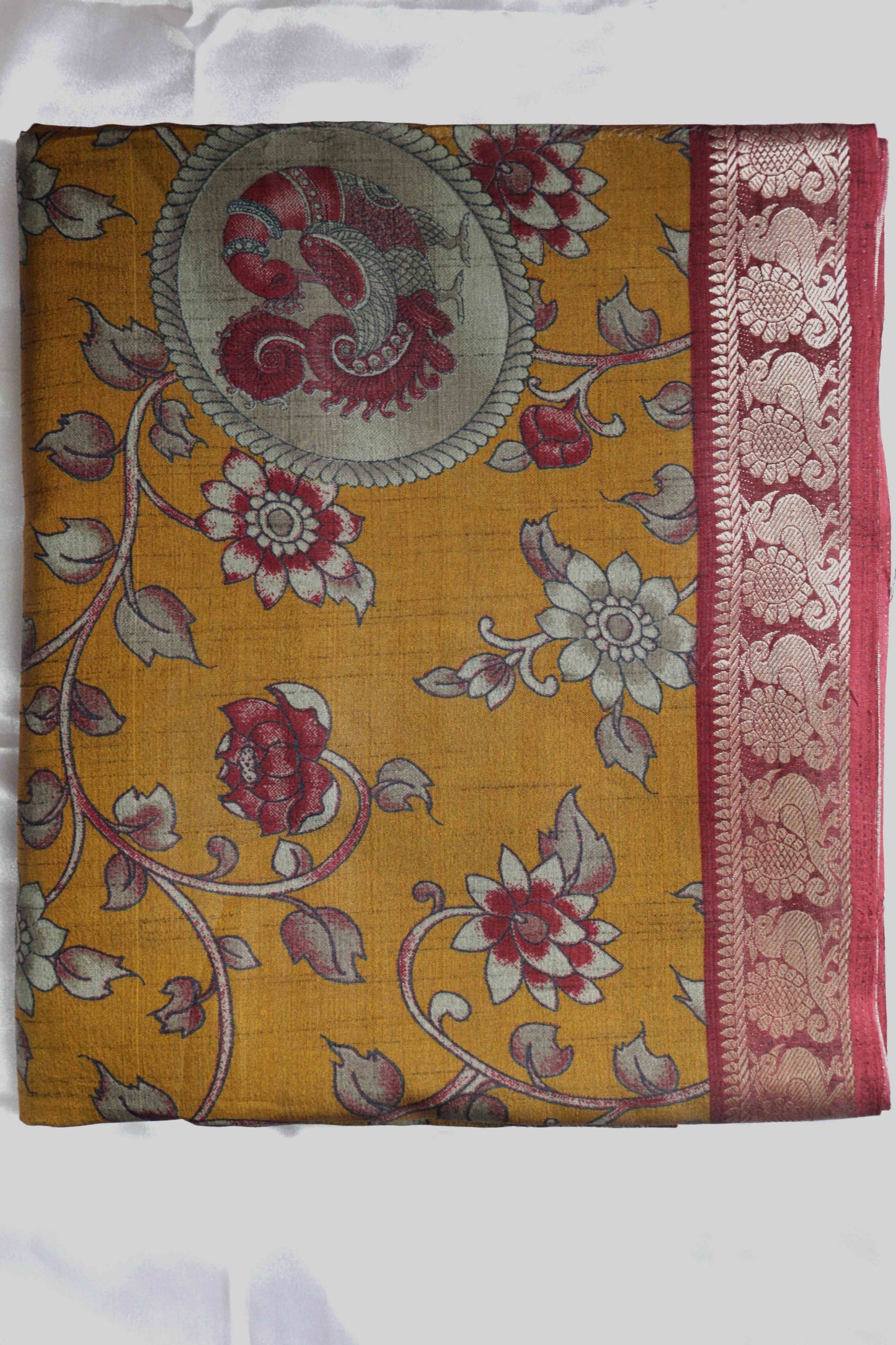 II Maheshwari Silk Saree with Narayana Pattu Border – Mustard with Red Border