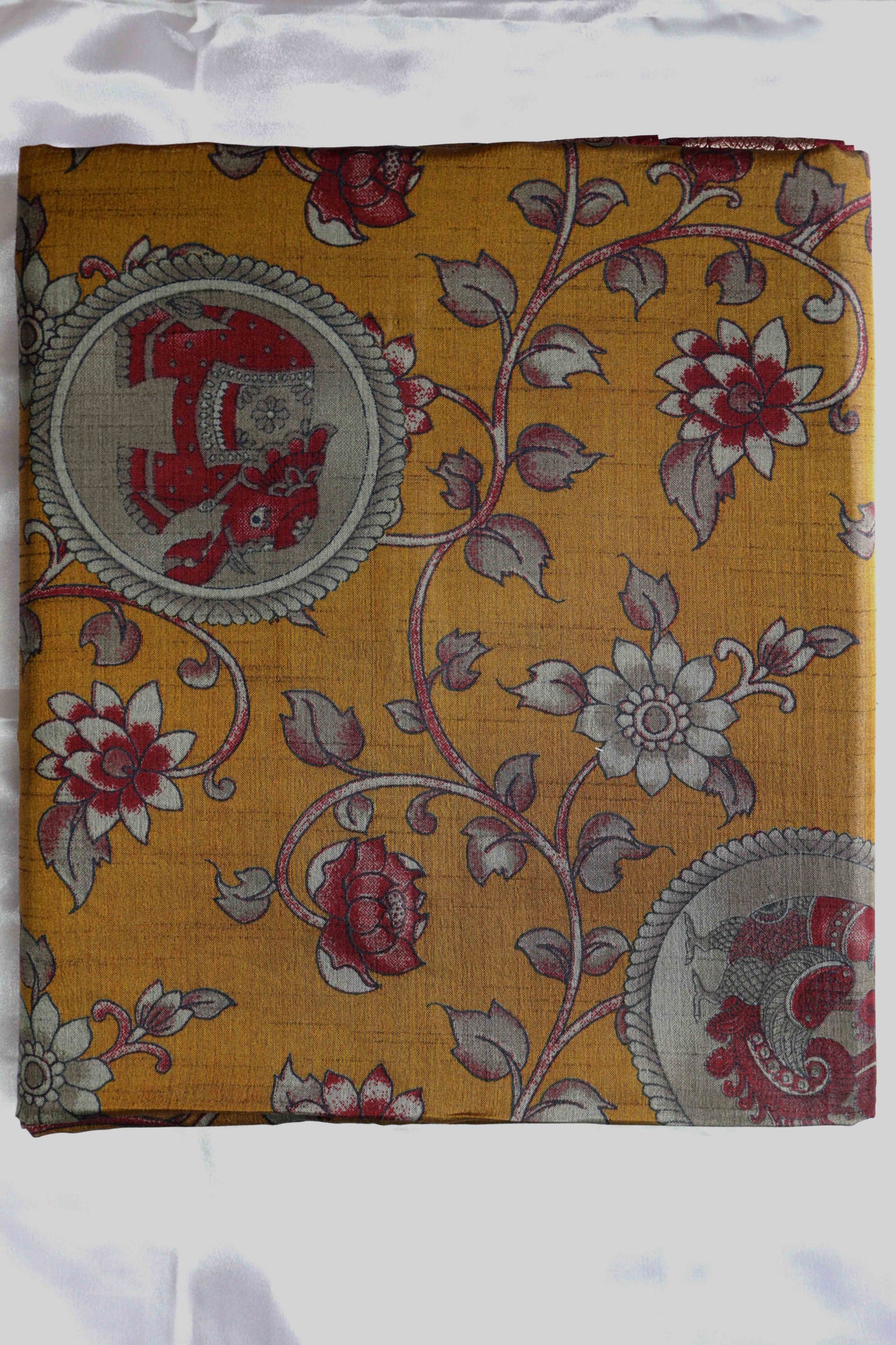 II Maheshwari Silk Saree with Narayana Pattu Border – Mustard with Red Border
