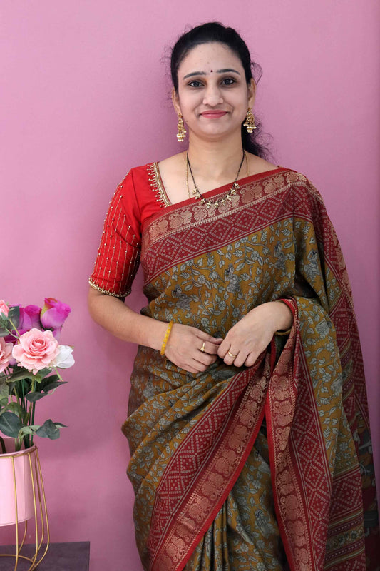 DC83 | Maheshwari Silk Sarees – Narayanapattu Border & Kalamkari Print with bhandini border