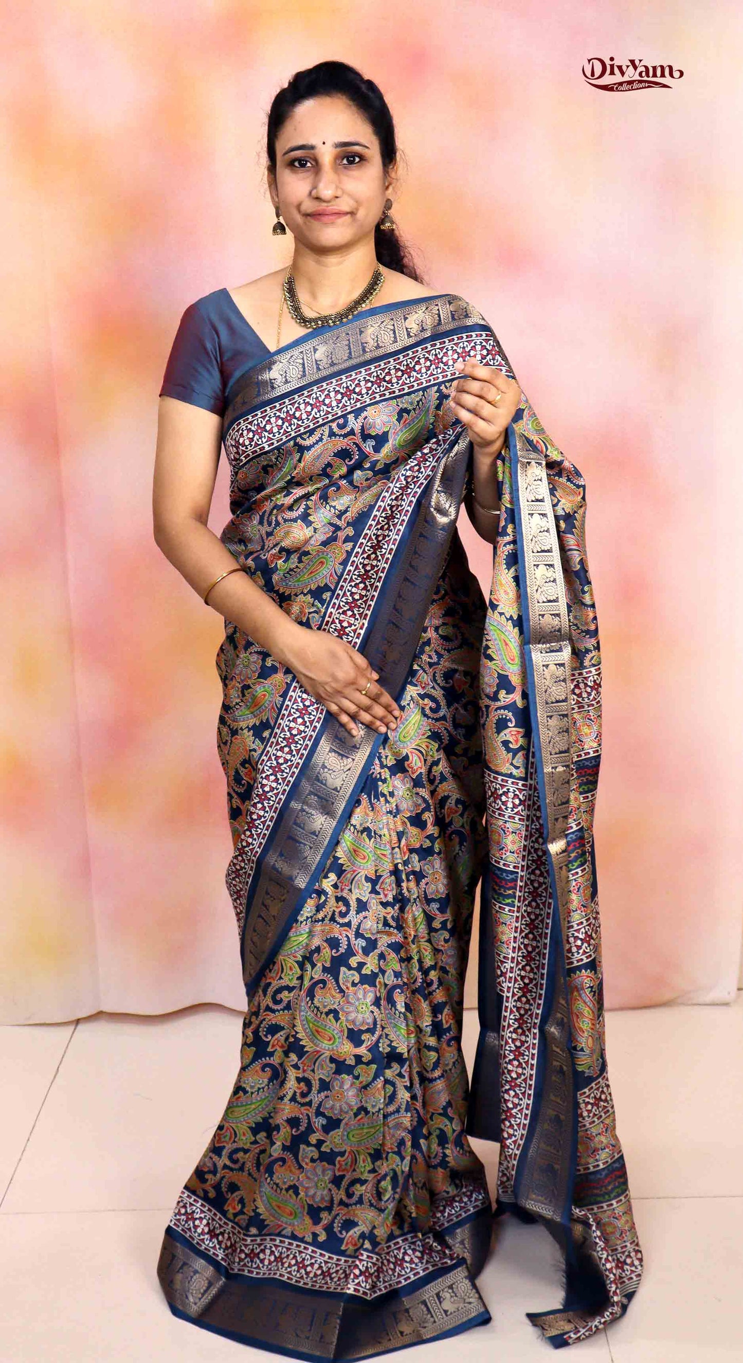 DC197 | Maheshwari Silk Mango Kalamkari Saree with Narayanpet Border