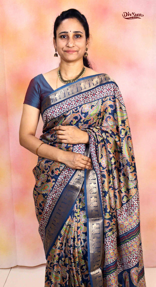 DC197 | Maheshwari Silk Mango Kalamkari Saree with Narayanpet Border
