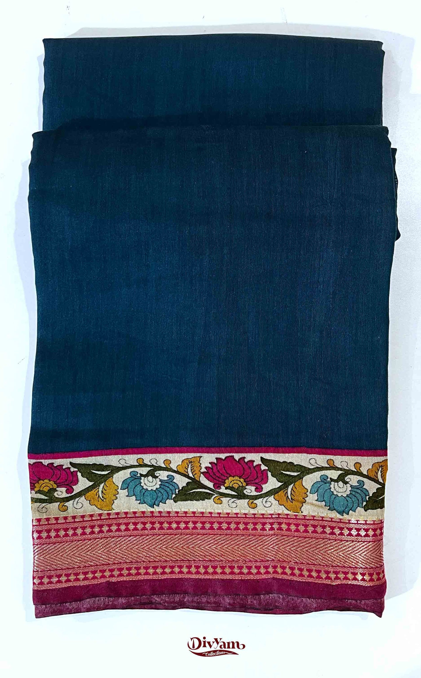 DC186 | Premium Maheshwari Silk Saree with Nizampet Border & Kalamkari Detail | Contrast Blouse