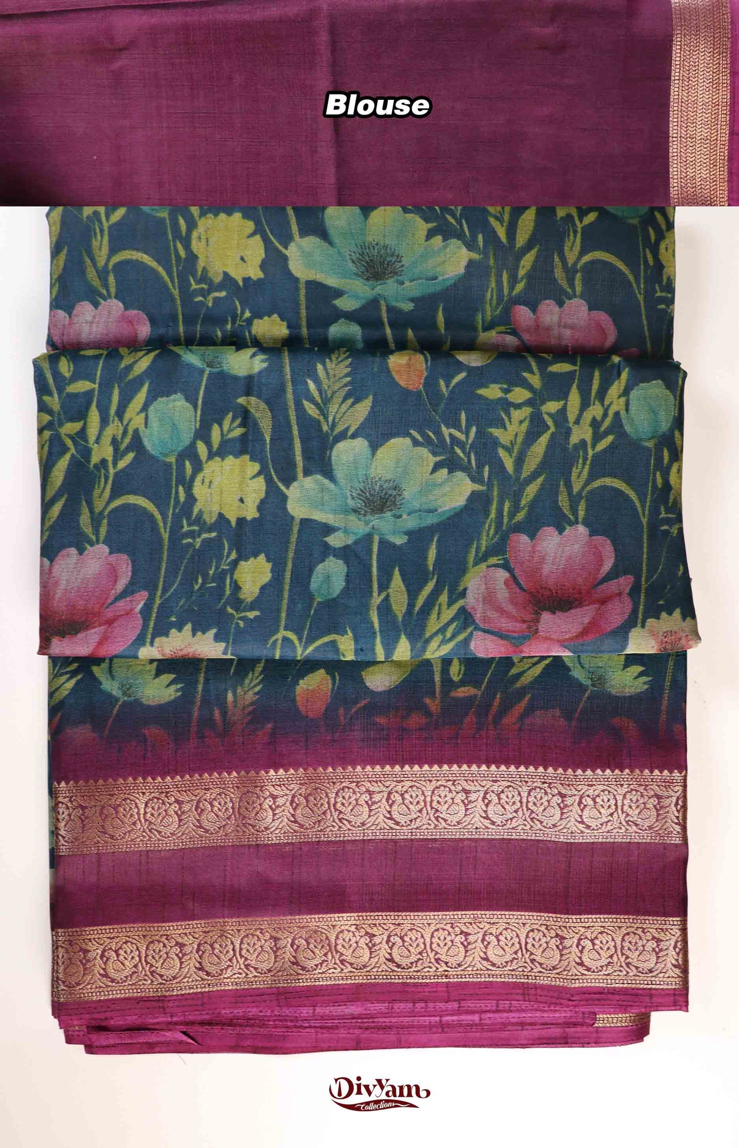 DC215 | Fancy Soft Silk Saree with Floral Print & Gap Border