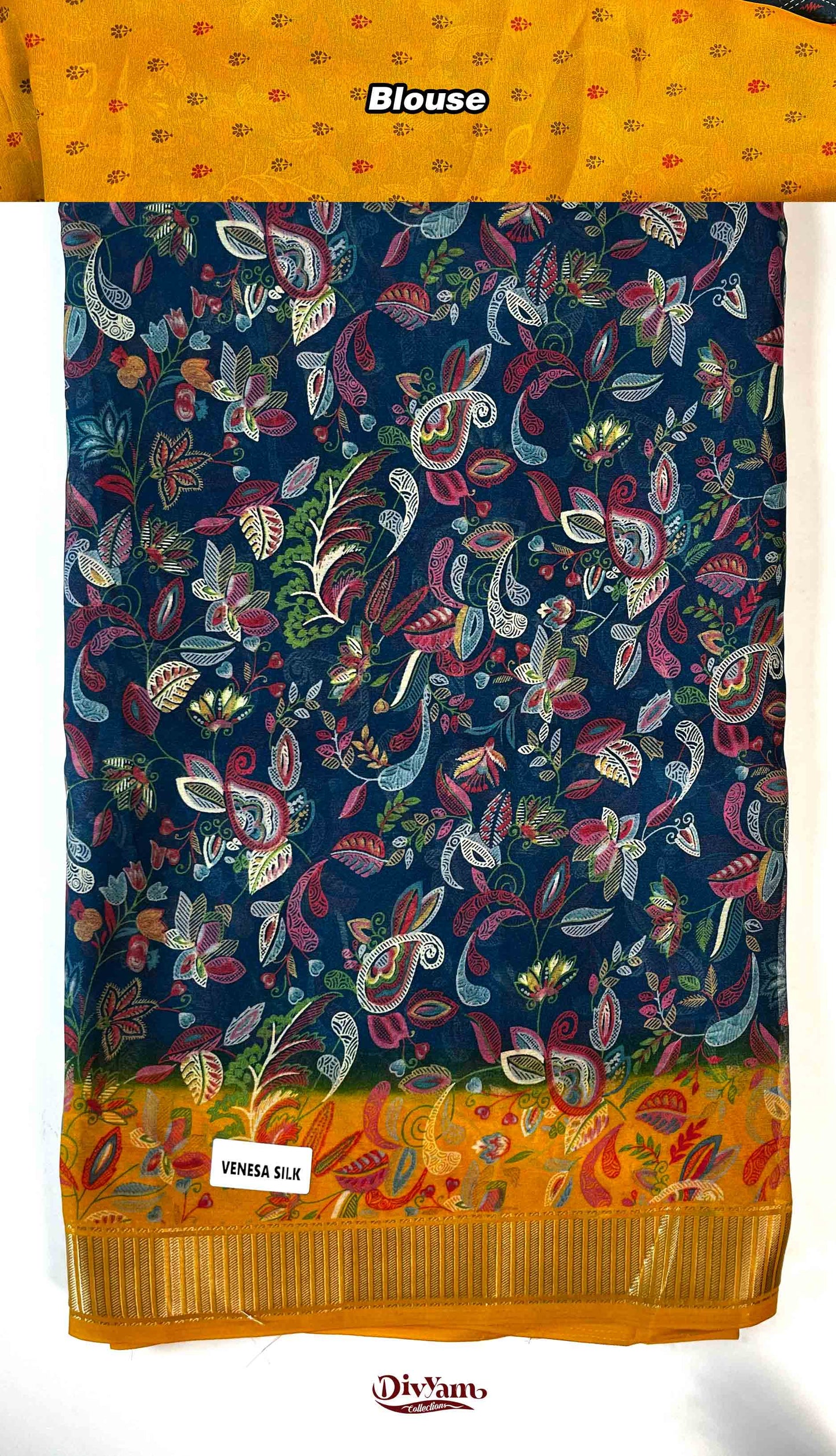 DC188 | Soft Georgette Kalamkari Print Saree with Jari Piping Border & Contrast Blouse