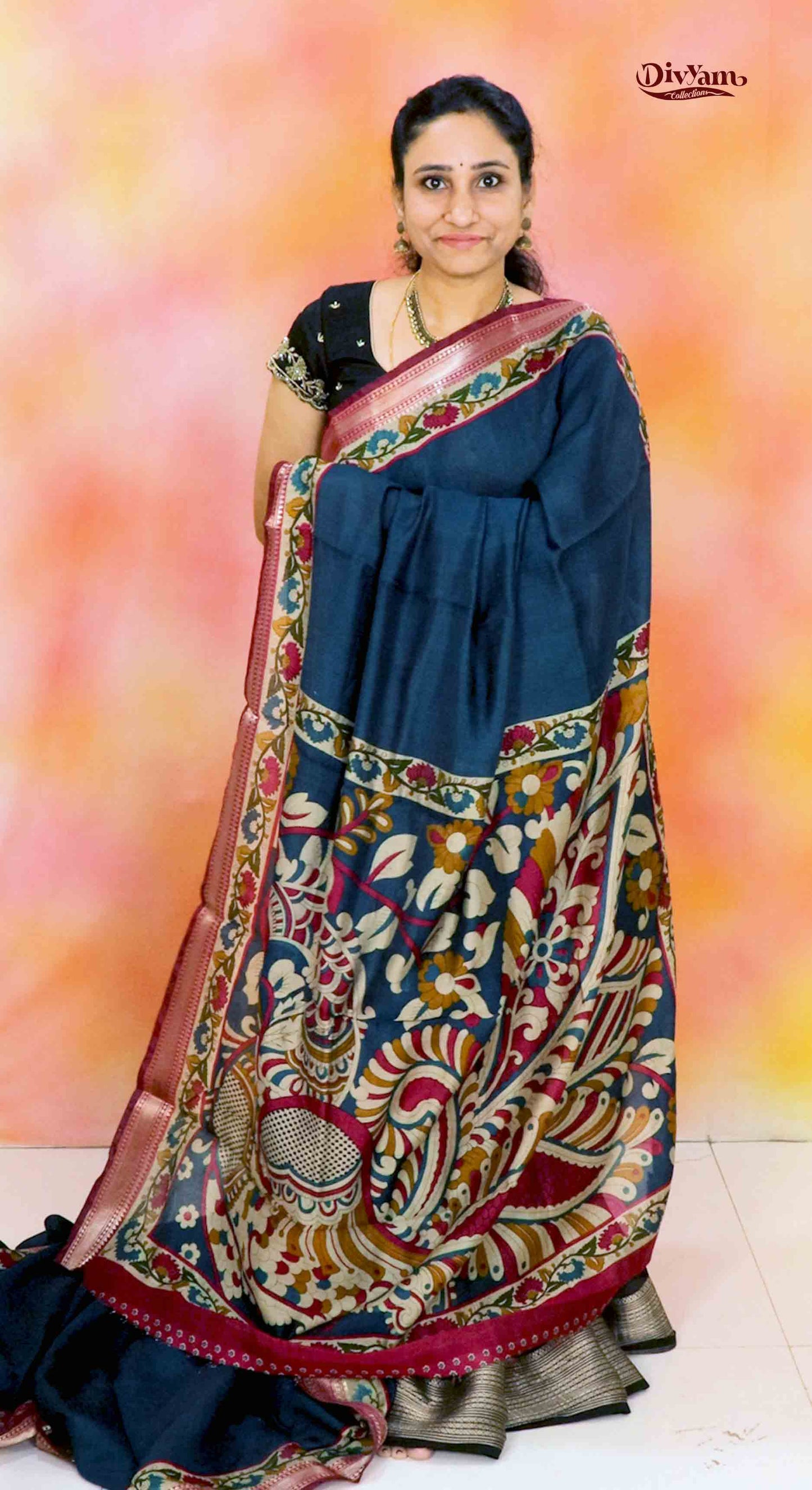DC186 | Premium Maheshwari Silk Saree with Nizampet Border & Kalamkari Detail | Contrast Blouse
