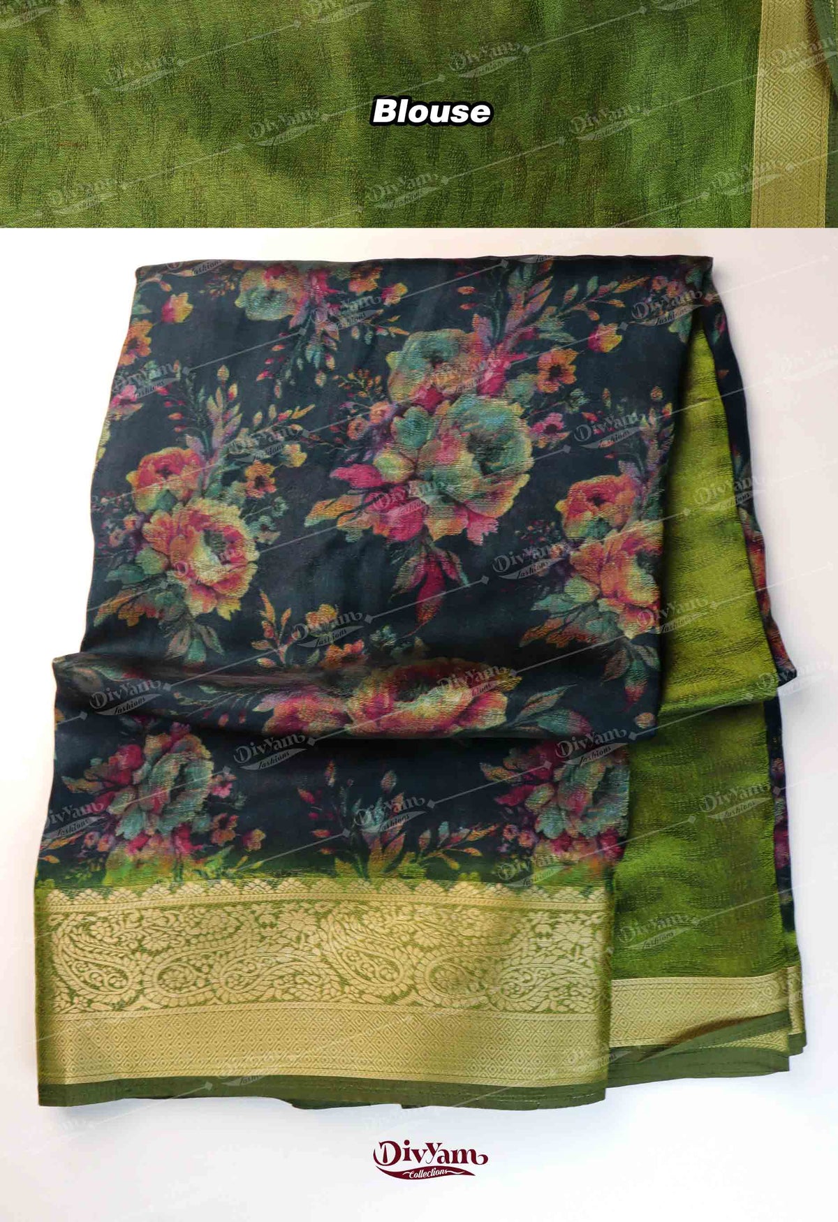 DC292 | Soft Moss Georgette Silk Saree with Self Floral Design & Jacquard Border