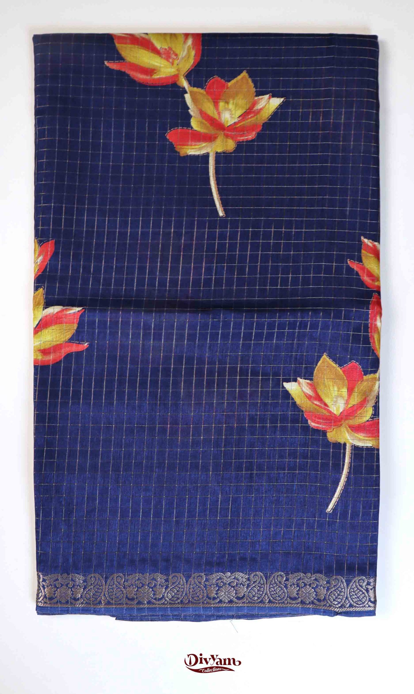 DC183 | Mangalagiri-Inspired Style | Dola Silk Jari Checks Saree with Floral Print & Running Blouse