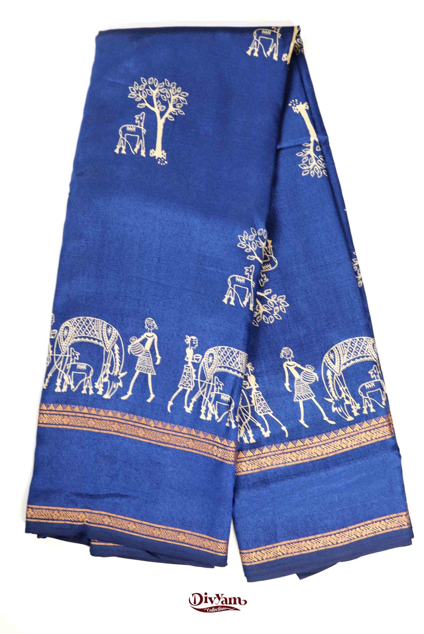 DC232 | Fancy Soft Silk Saree with Warli Adivasi Design & Zari Gap Border