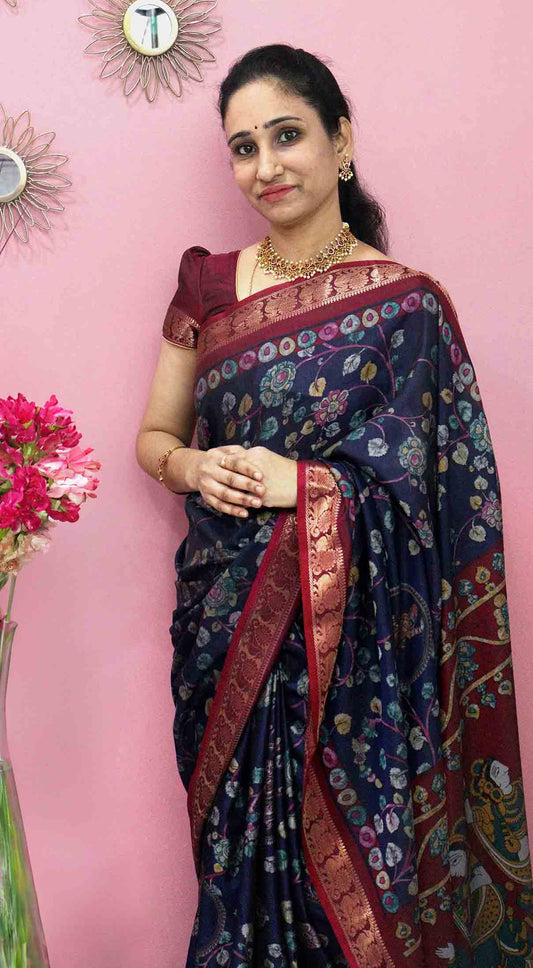 DC113 | Maheshwari Silk Saree with Kalamkari Print & Narayanapattu Hamsa Border | Running Blouse | 6 Colours