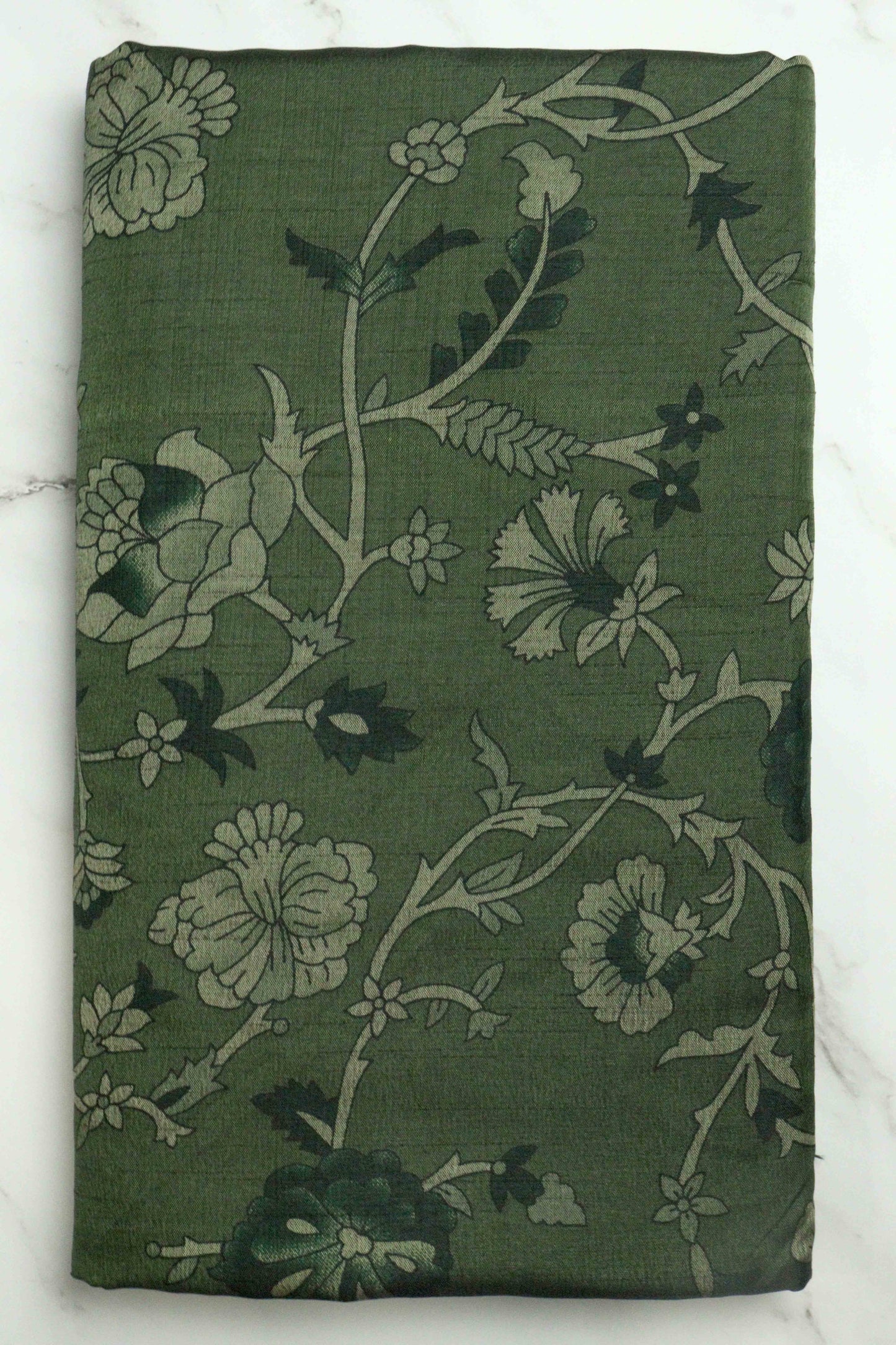 DCMS39 Olive Green Maheshwari Silk Sarees with Narayanapattu Border & Kalamkari Print