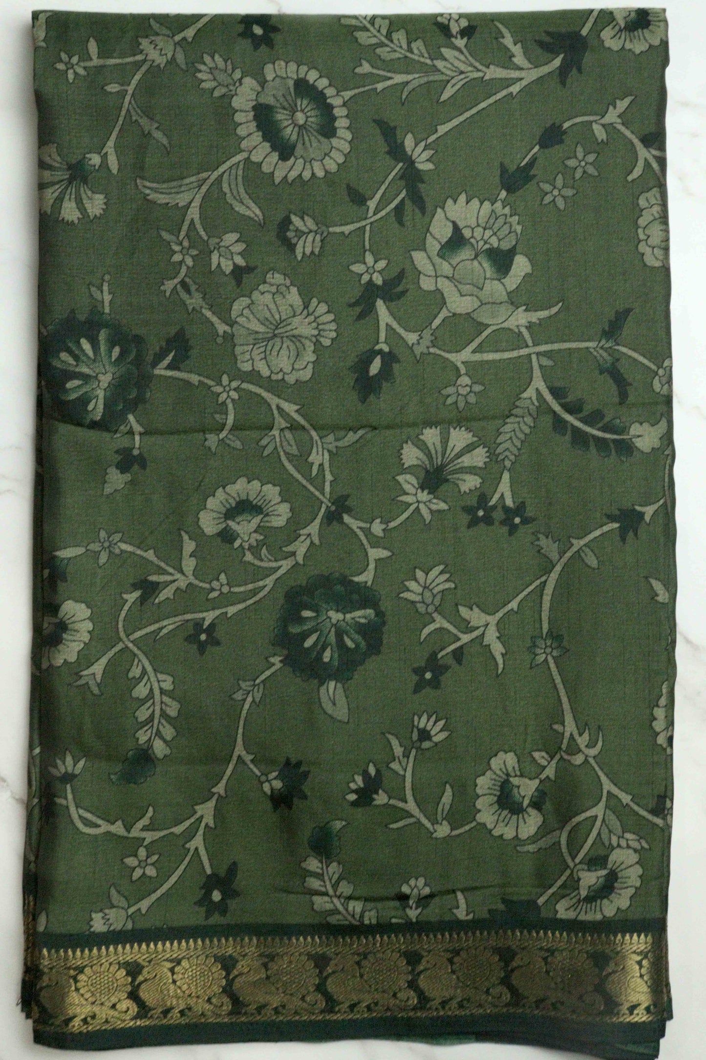 DCMS39 Olive Green Maheshwari Silk Sarees with Narayanapattu Border & Kalamkari Print