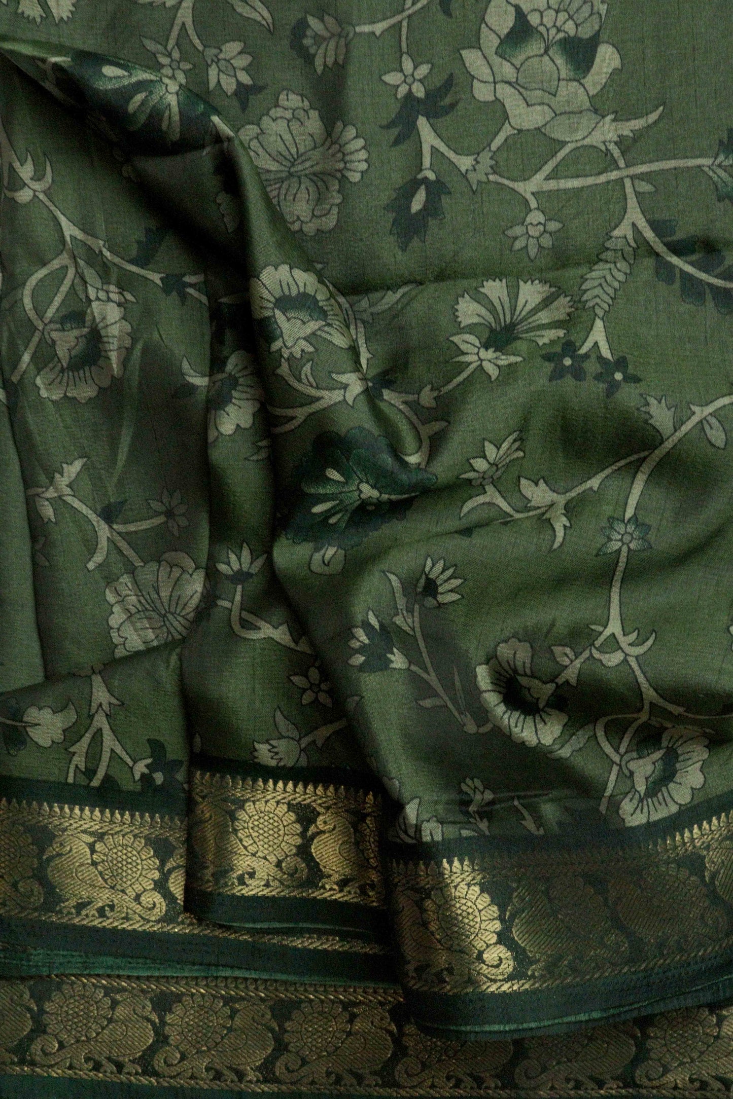 DCMS39 Olive Green Maheshwari Silk Sarees with Narayanapattu Border & Kalamkari Print