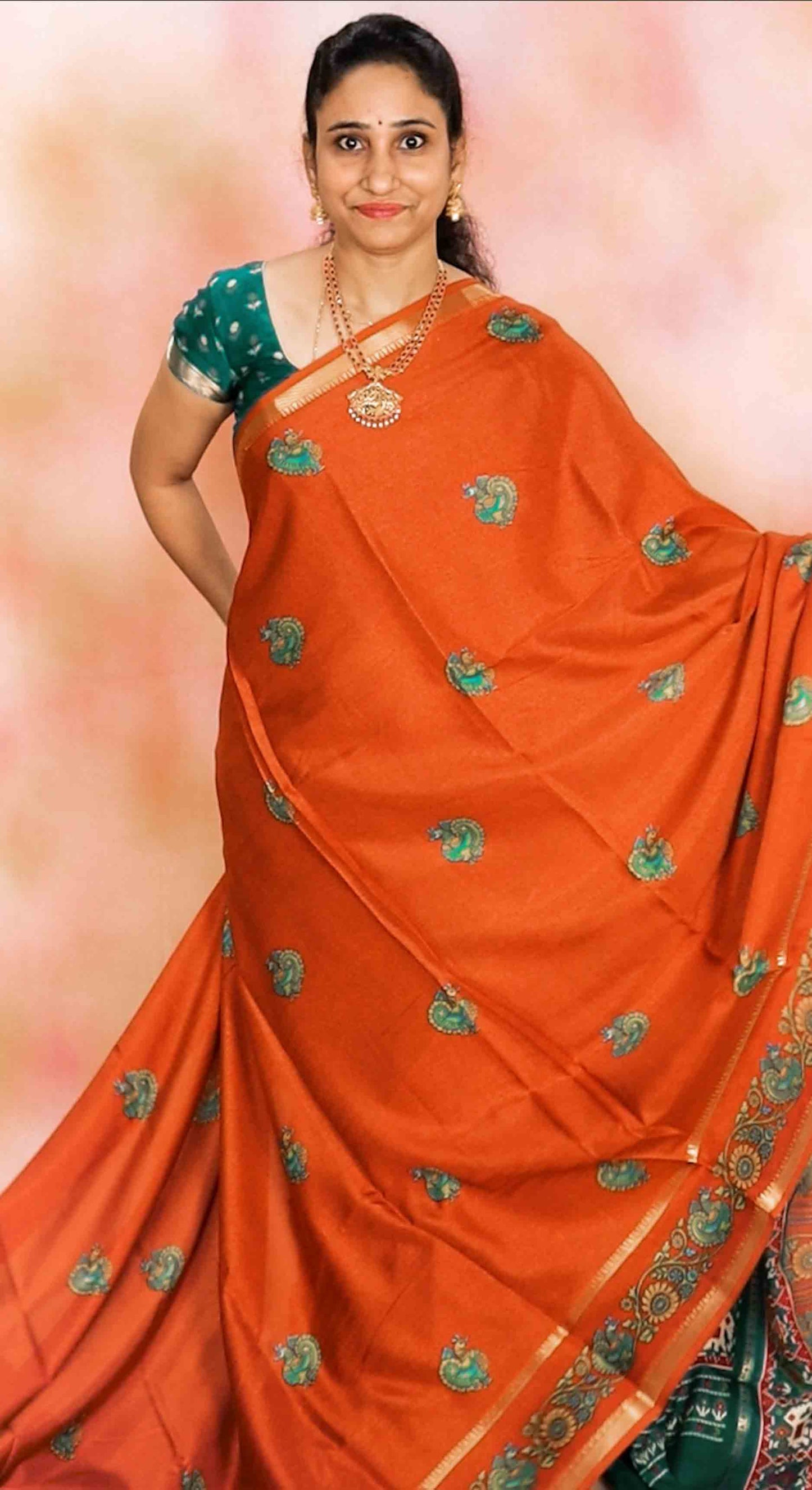 DC239 | Soft Silk Kalamkari Saree with Zari Temple Gap Border | Premium Ethnic Wear