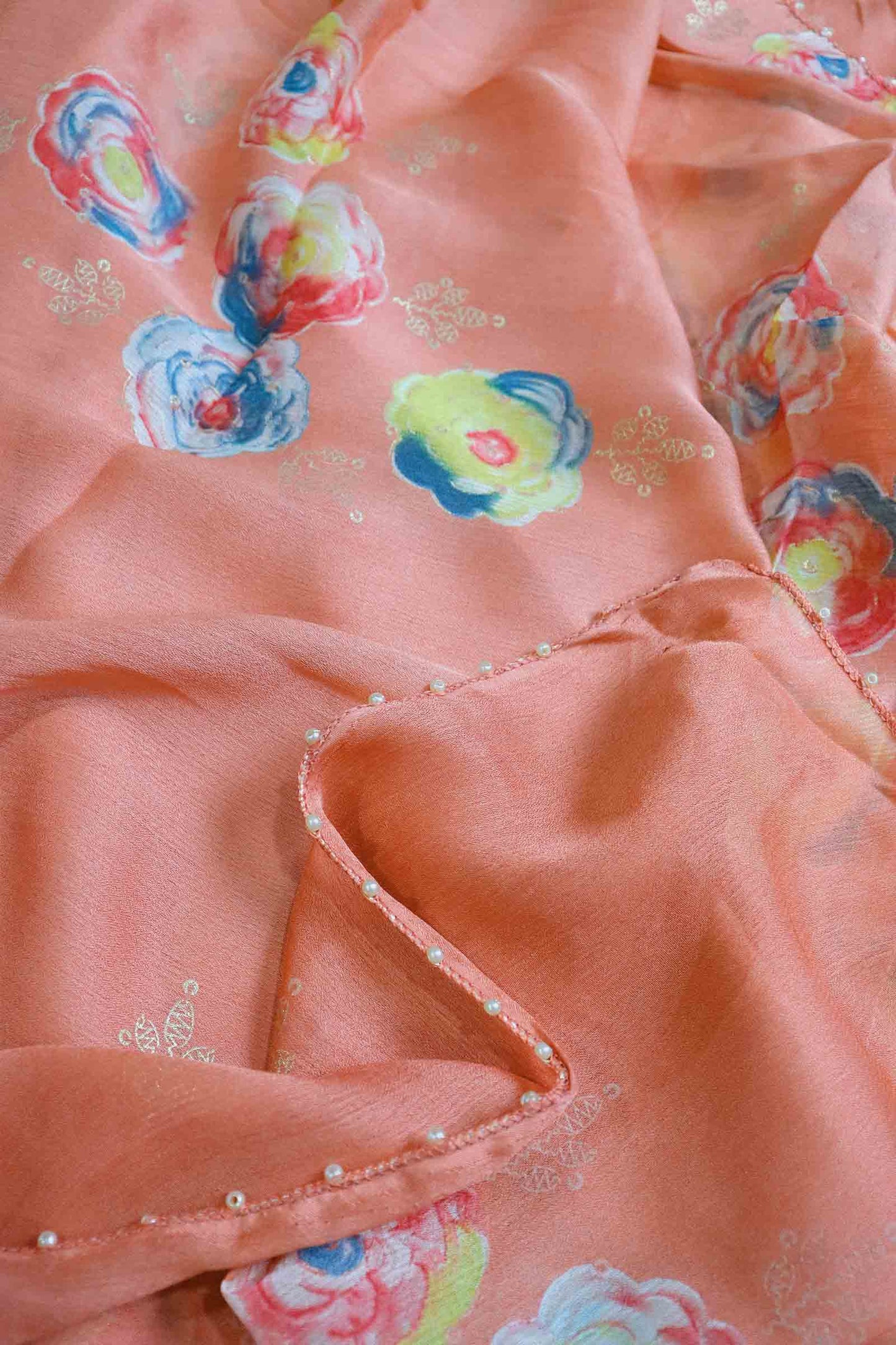 DCCH48 | Peach Pure Chiffon Saree with Floral Print & Beaded Border | Soft Pastel Beauty