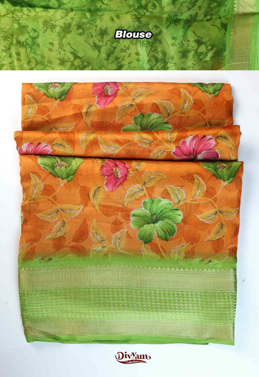 DC276 | Dull Moss Georgette Saree with Floral Print & Glitter Highlights