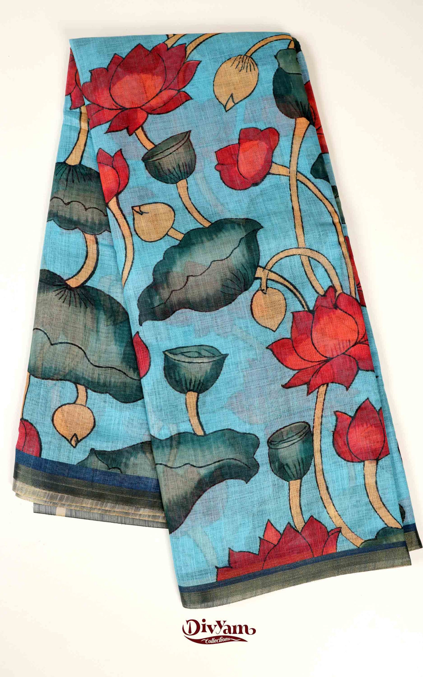 DC167 | Linen Cotton Saree with Pen Kalamkari Lotus Design | Pastel Shades | Artistic Blouse