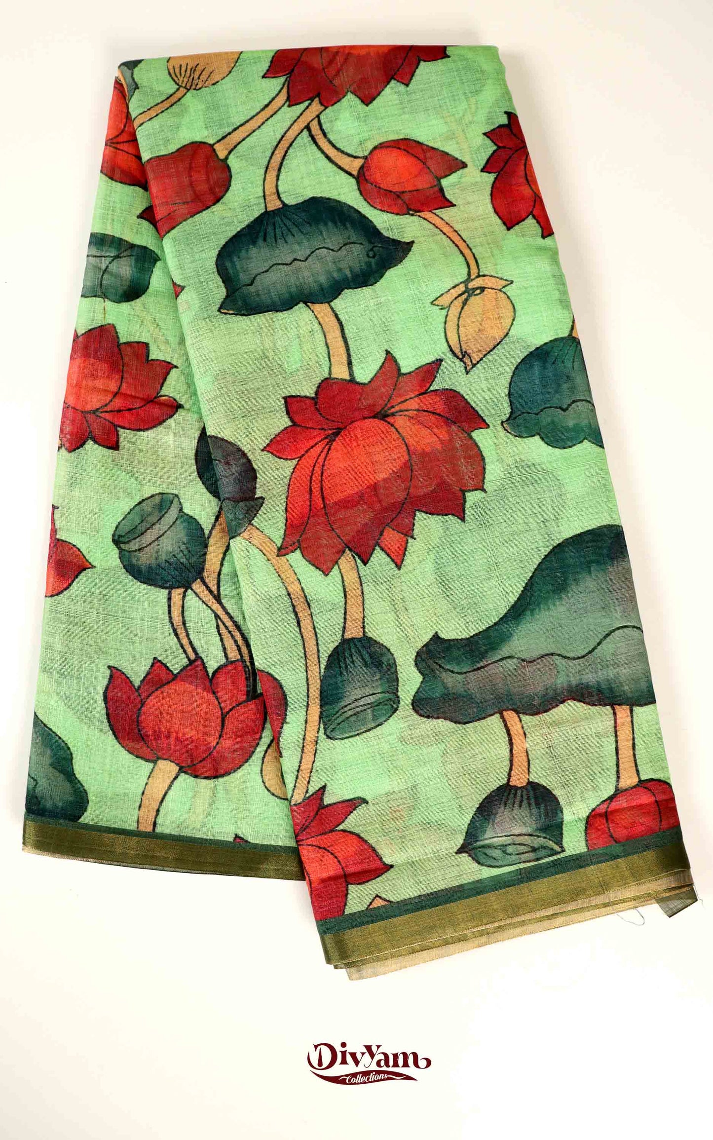 DC167 | Linen Cotton Saree with Pen Kalamkari Lotus Design | Pastel Shades | Artistic Blouse