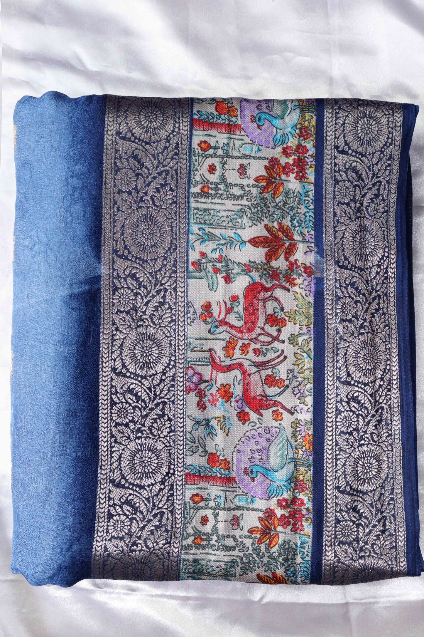 Pastel Blue Designer Silk Saree – Double Border with Pichwai Print