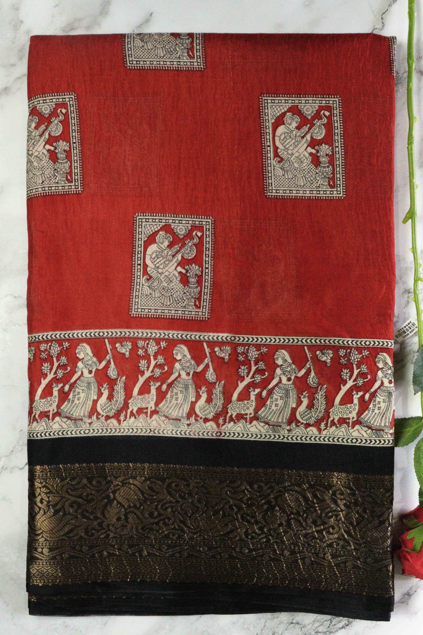 DCDS40 Red Dola Silk Saree with Kalamkari Motifs & Jacquard Border | Light Crushed Texture