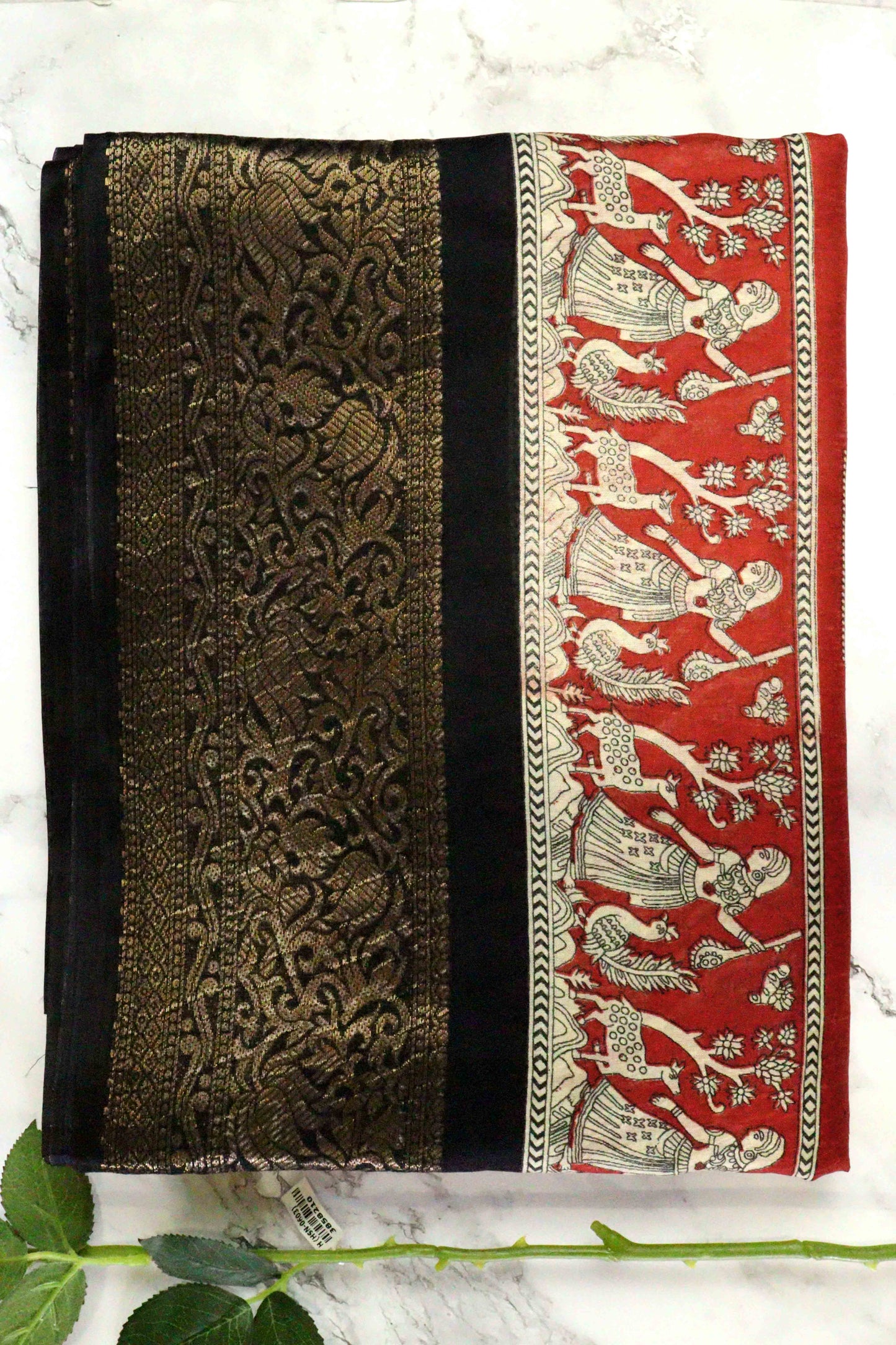 DCDS40 Red Dola Silk Saree with Kalamkari Motifs & Jacquard Border | Light Crushed Texture