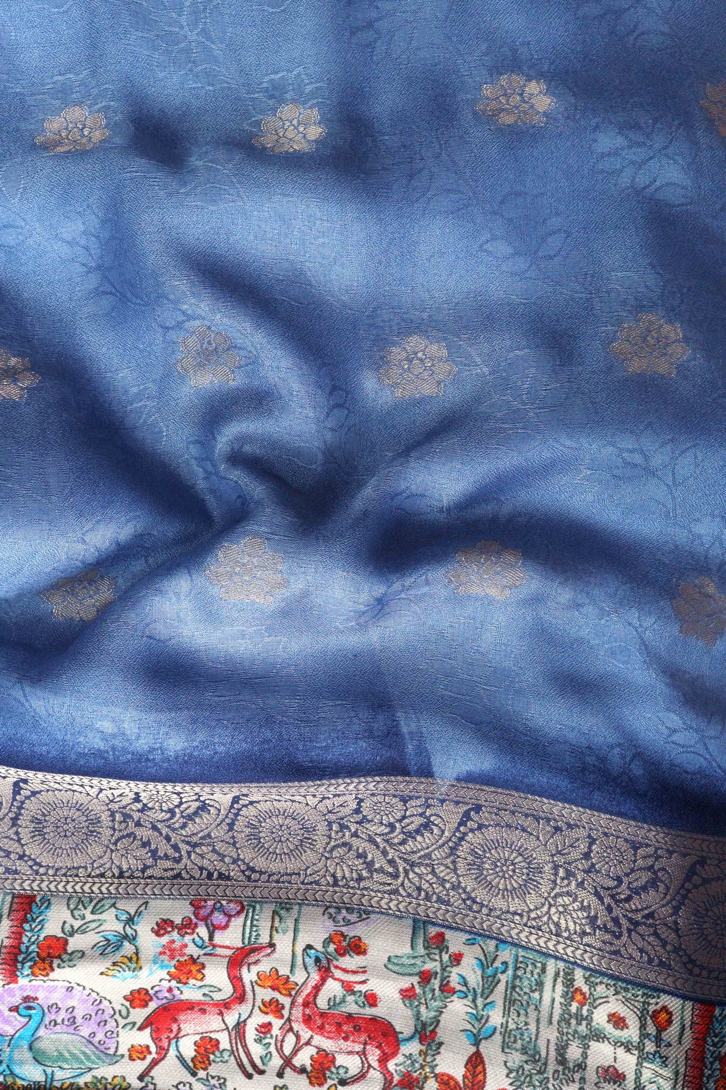 Pastel Blue Designer Silk Saree – Double Border with Pichwai Print