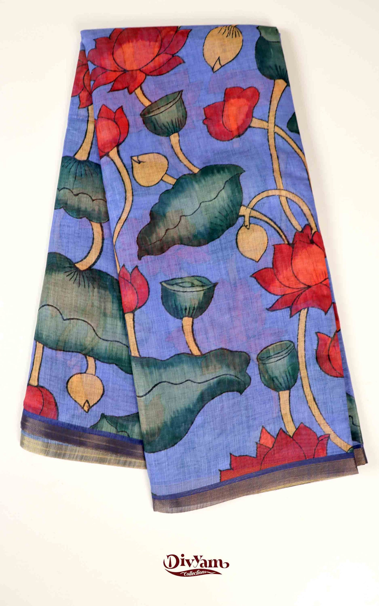 DC167 | Linen Cotton Saree with Pen Kalamkari Lotus Design | Pastel Shades | Artistic Blouse