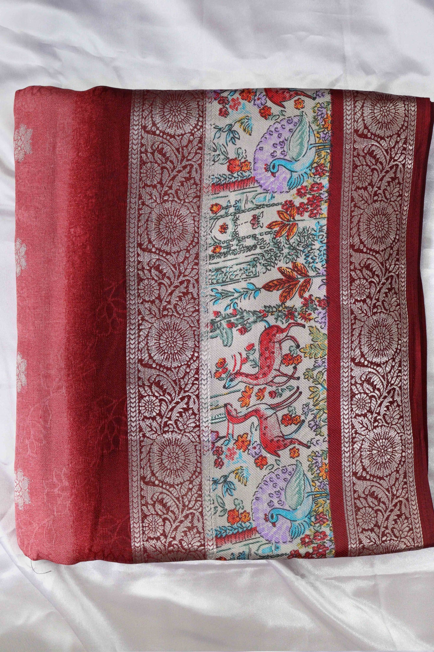 Peach Pink Designer Silk Saree – Double Border with Pichwai Print