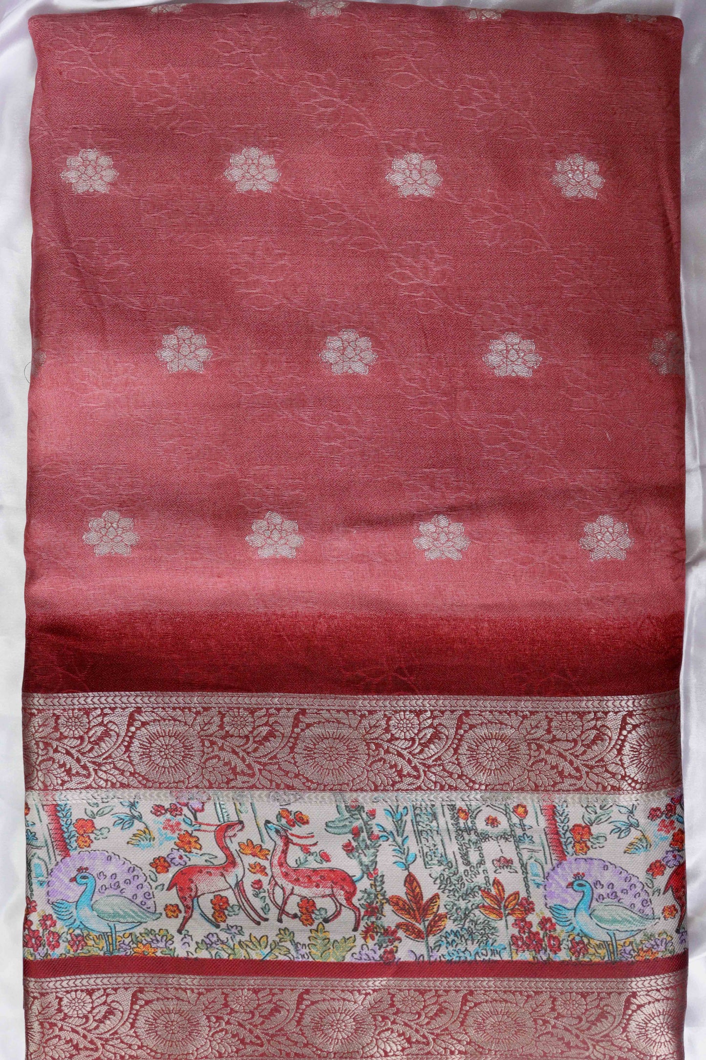 Peach Pink Designer Silk Saree – Double Border with Pichwai Print