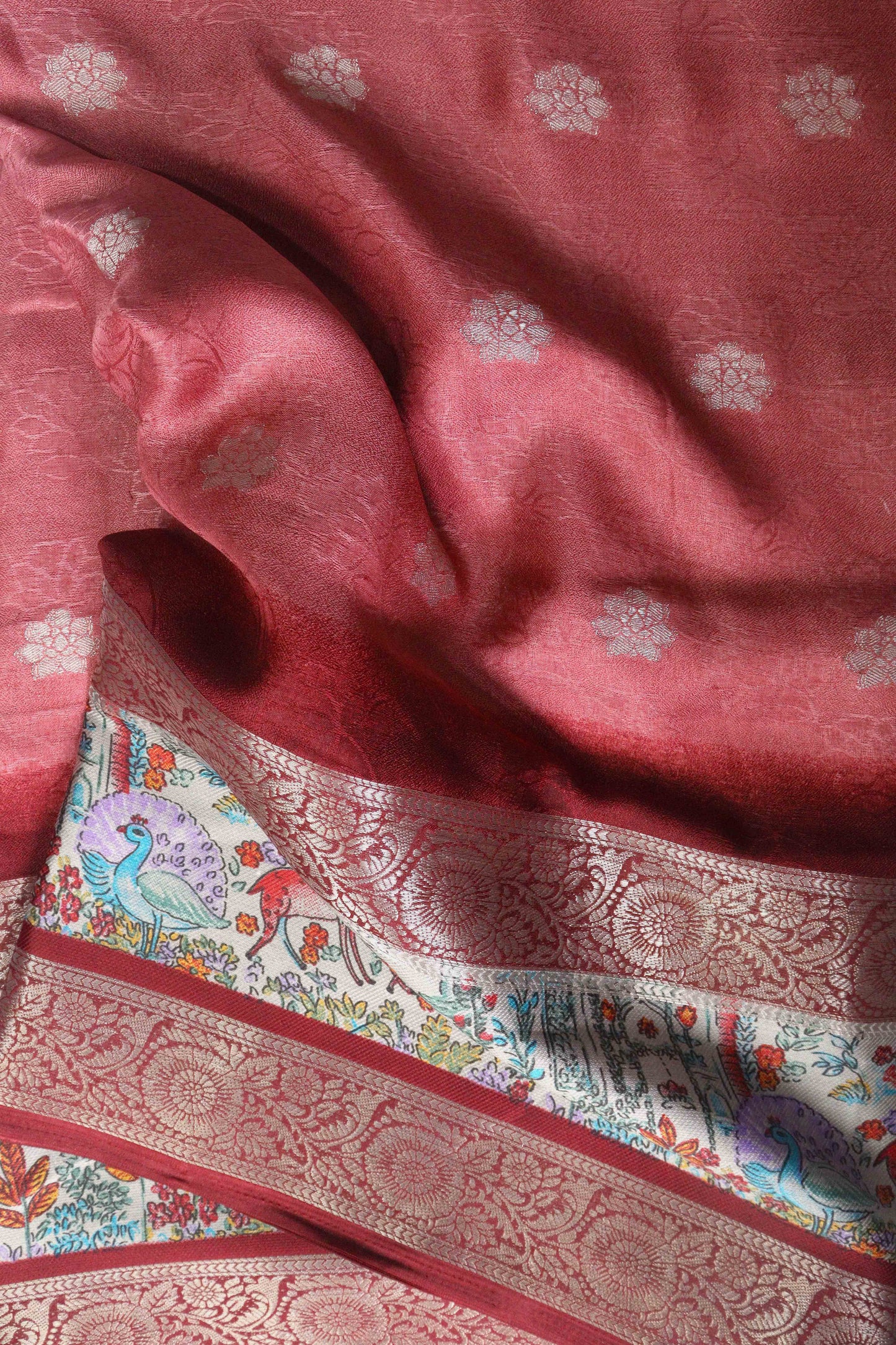 Peach Pink Designer Silk Saree – Double Border with Pichwai Print