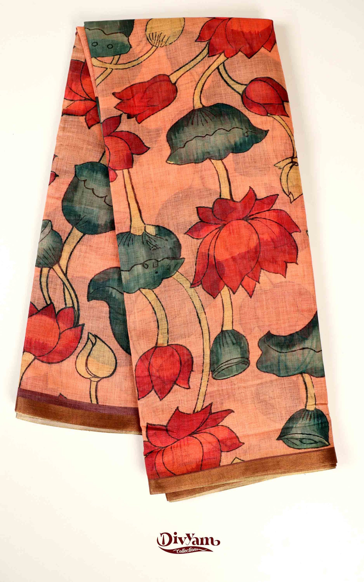 DC167 | Linen Cotton Saree with Pen Kalamkari Lotus Design | Pastel Shades | Artistic Blouse