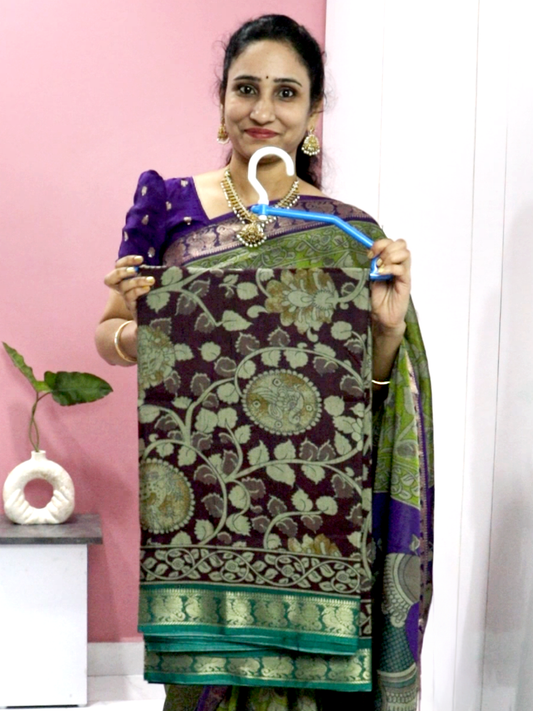 Maheshwari Silk Saree with Narayana Pattu Border – Wine Colour with Green Border