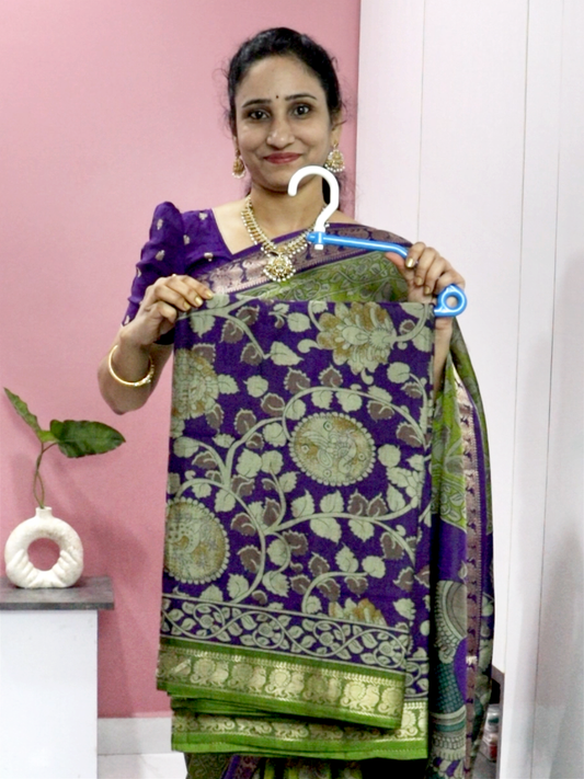 Maheshwari Silk Saree with Narayana Pattu Border – Purple with Green Border