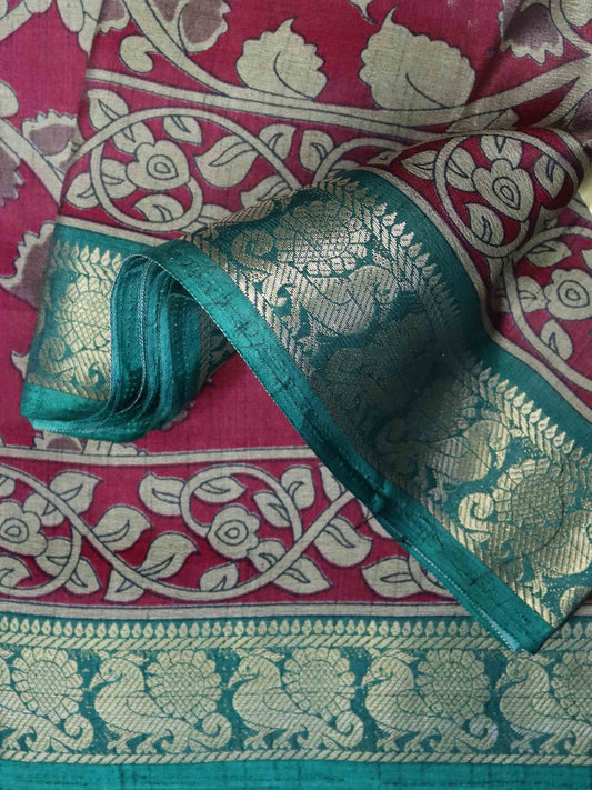Maheshwari Silk Saree with Narayana Pattu Border – Maroon with Sea Green Border