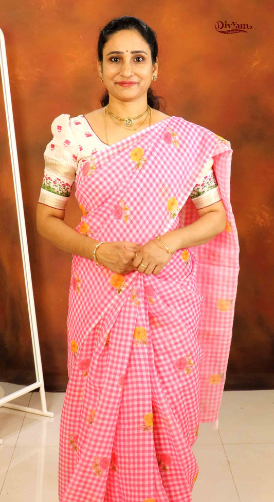 DC178 | Jute Linen Checks Saree with Floral Motifs & Printed White Blouse | Trending Collection