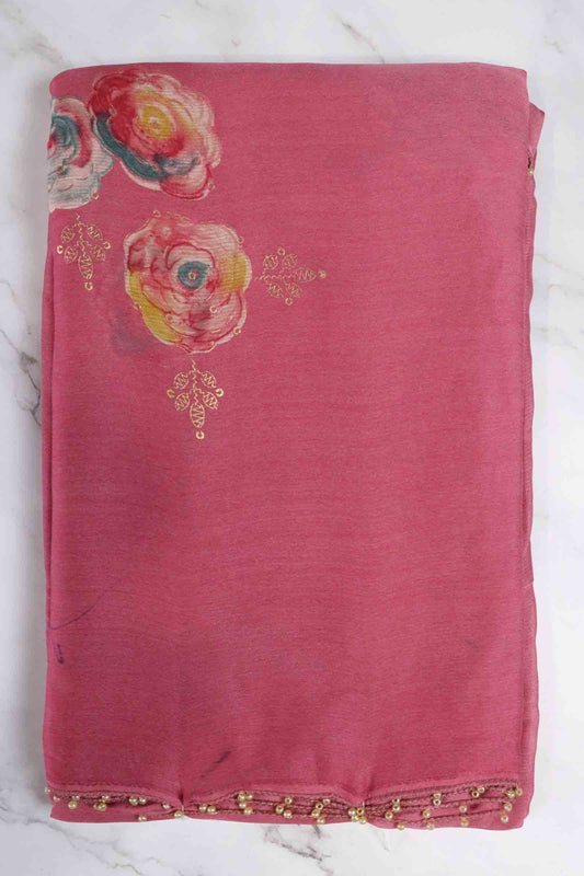 DCCH51 | Pastel Pink Pure Chiffon Saree with Floral Print & Beaded Border | Elegant Lightweight Drape