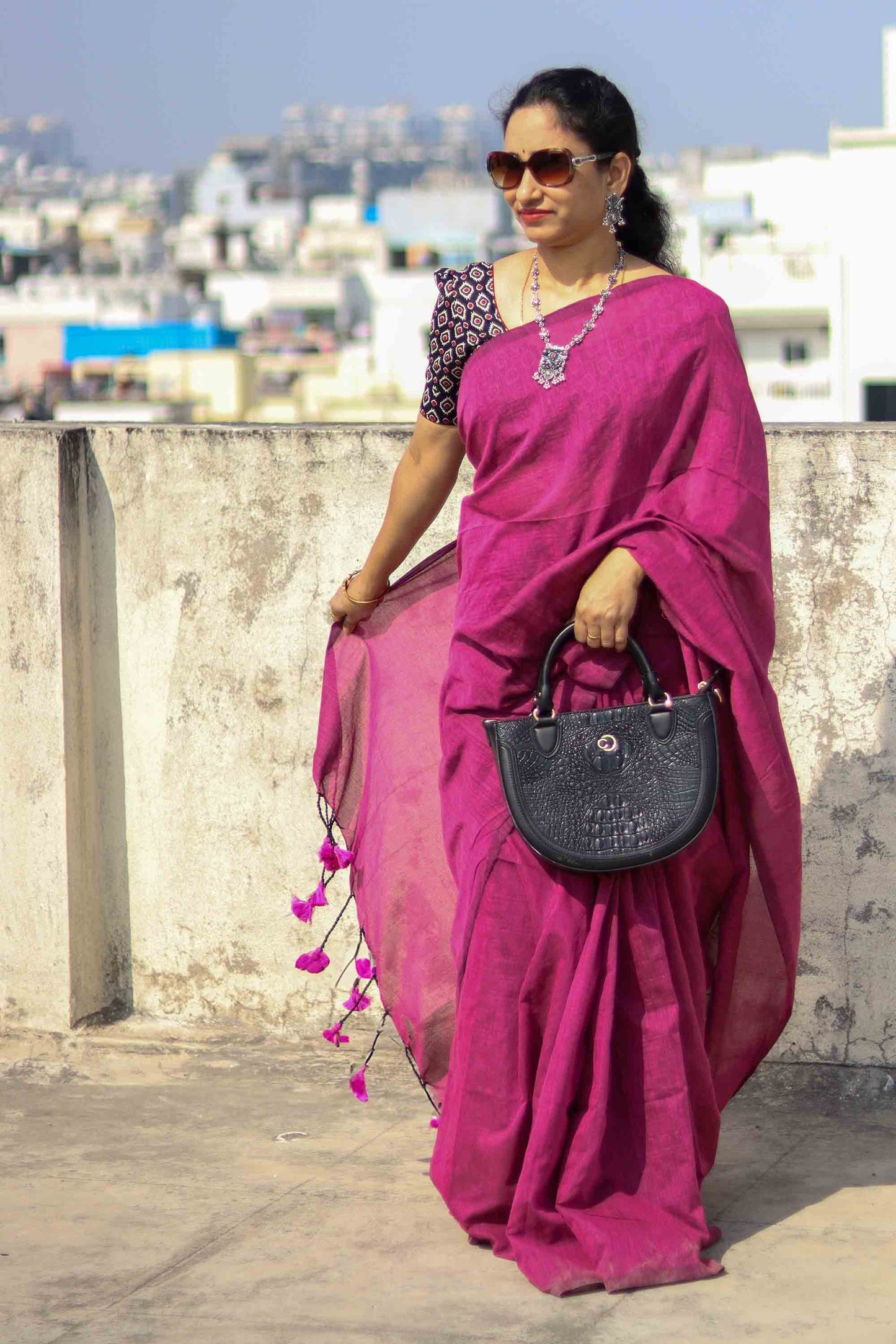 DC119 | Handloom Plain Khadi Cotton Saree with Contrast Ikat Blouse | Tasselled Pallu | 6 Colours