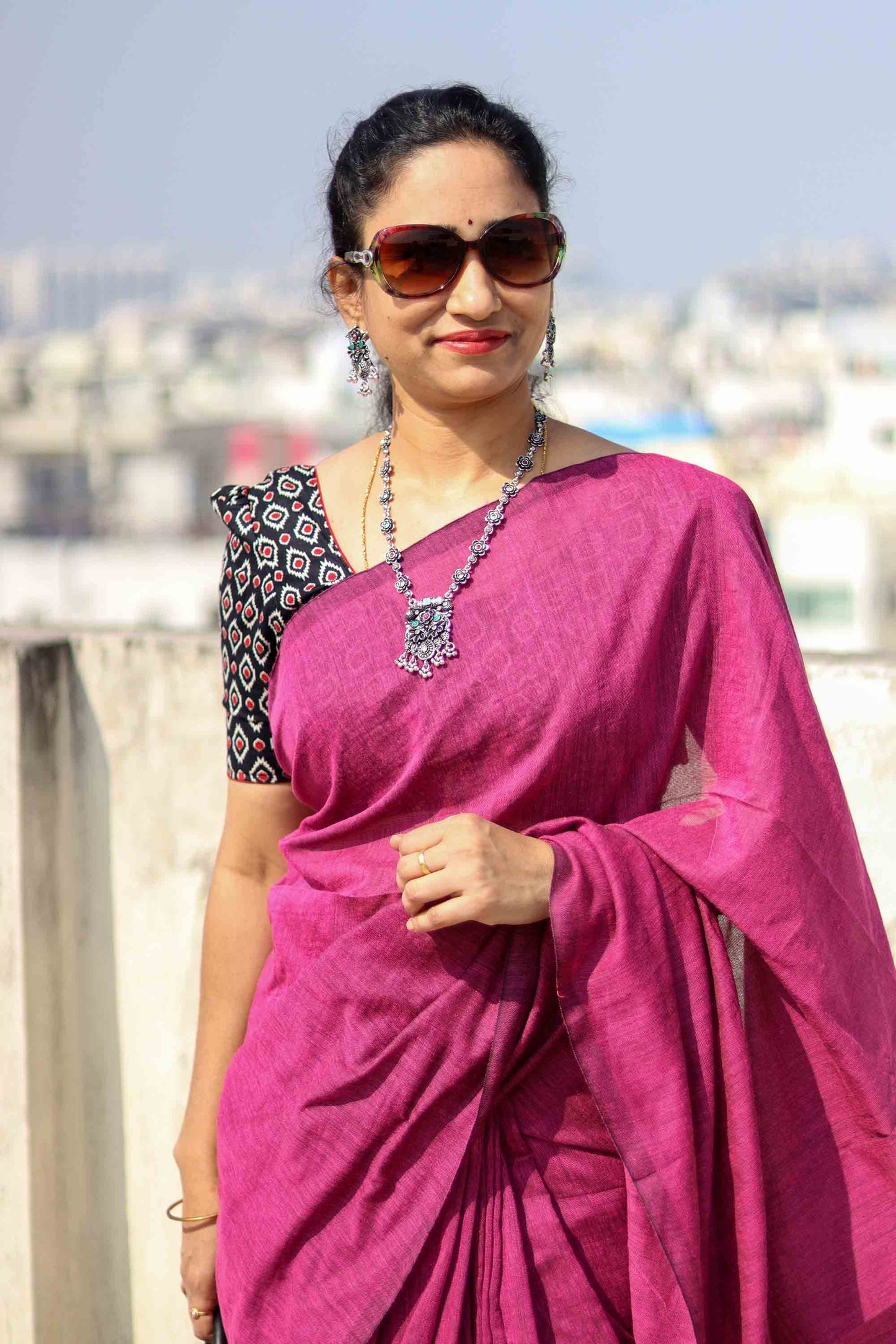 DC119 | Handloom Plain Khadi Cotton Saree with Contrast Ikat Blouse | Tasselled Pallu | 6 Colours