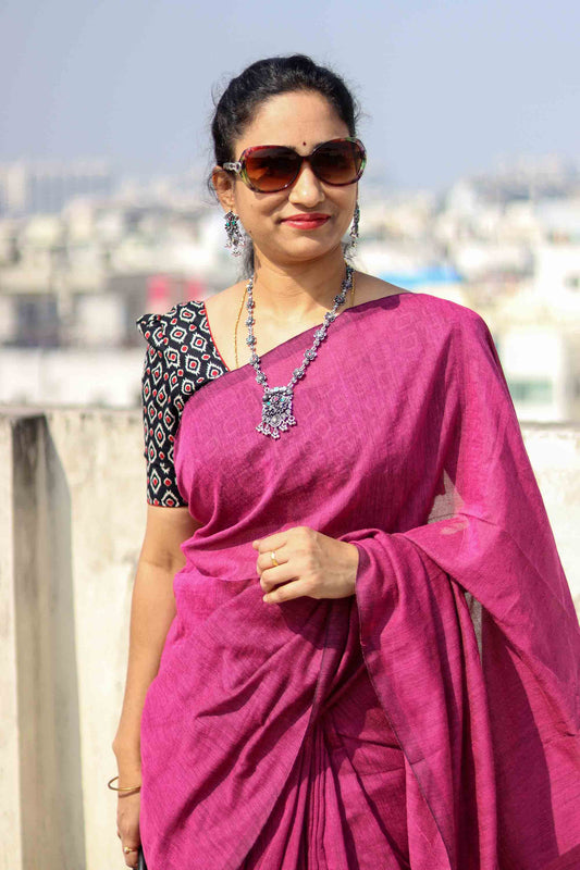 DC119 | Handloom Plain Khadi Cotton Saree with Contrast Ikat Blouse | Tasselled Pallu | 6 Colours