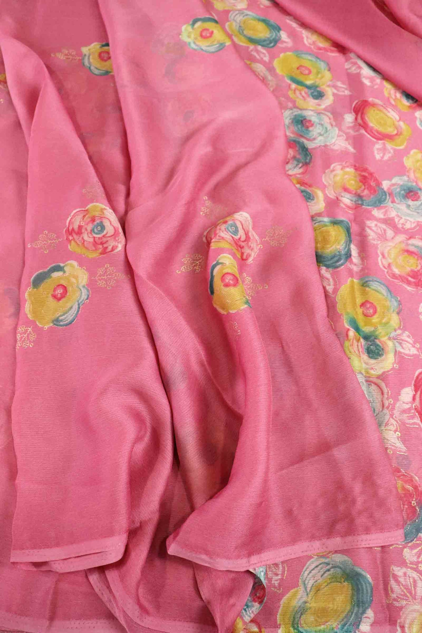 DCCH51 | Pastel Pink Pure Chiffon Saree with Floral Print & Beaded Border | Elegant Lightweight Drape