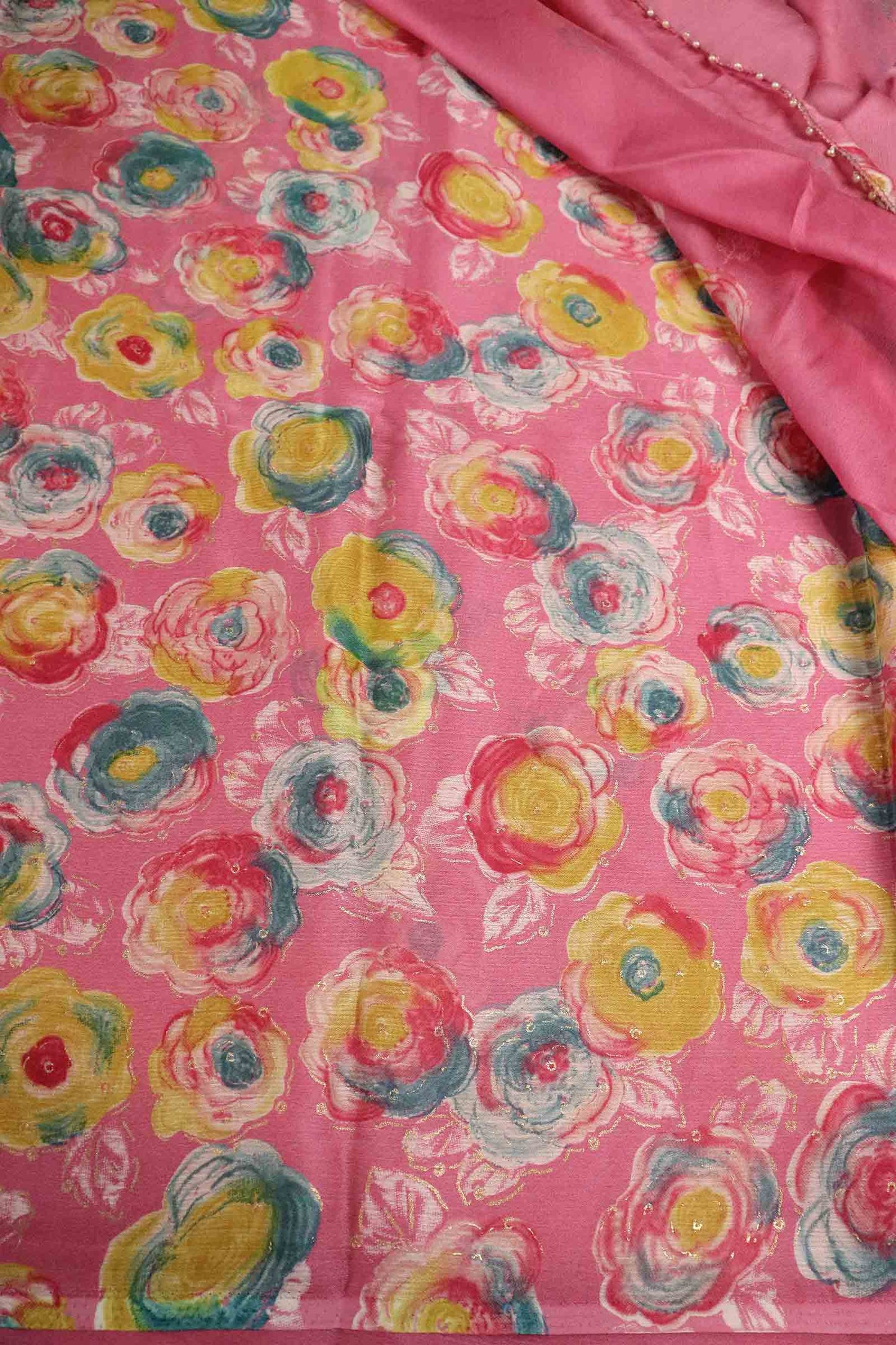 DCCH51 | Pastel Pink Pure Chiffon Saree with Floral Print & Beaded Border | Elegant Lightweight Drape