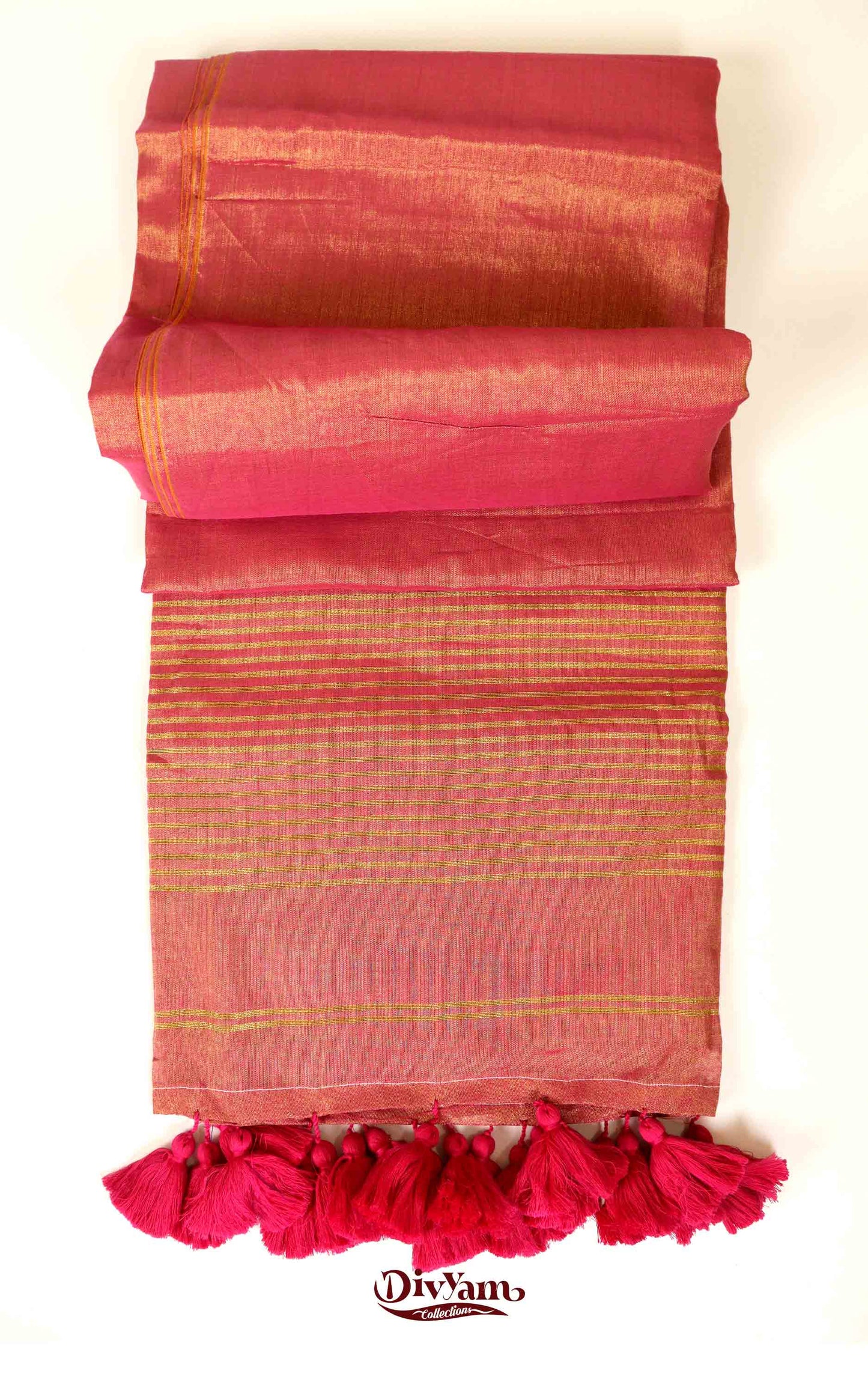 DC166 | Tissue Linen Saree with Golden Zari & Pom-Pom Tassels | Lightweight Festive Wear Saree