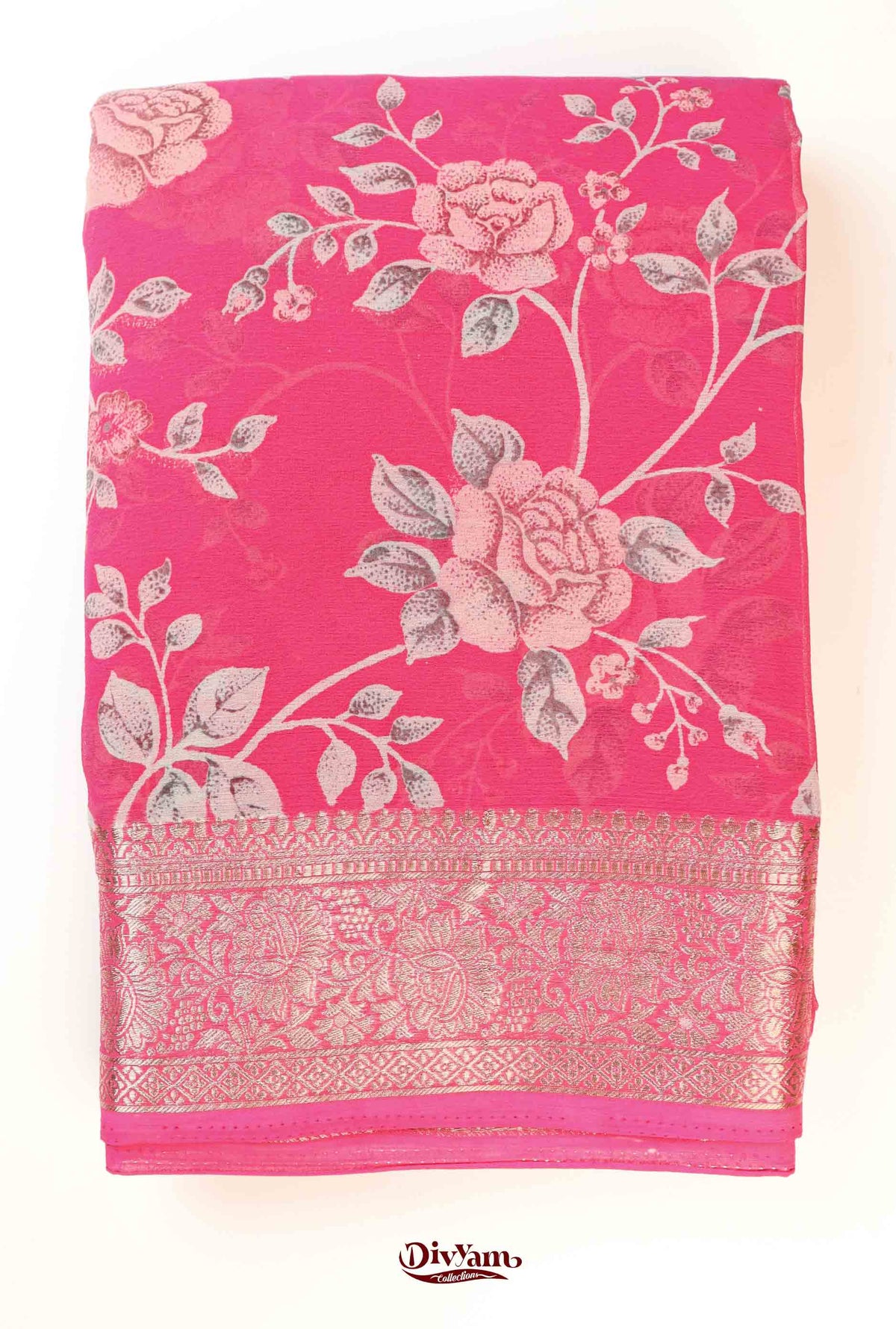 DC278 | Premium Chiffon Saree with Rose Floral Print & Rich Jari Border