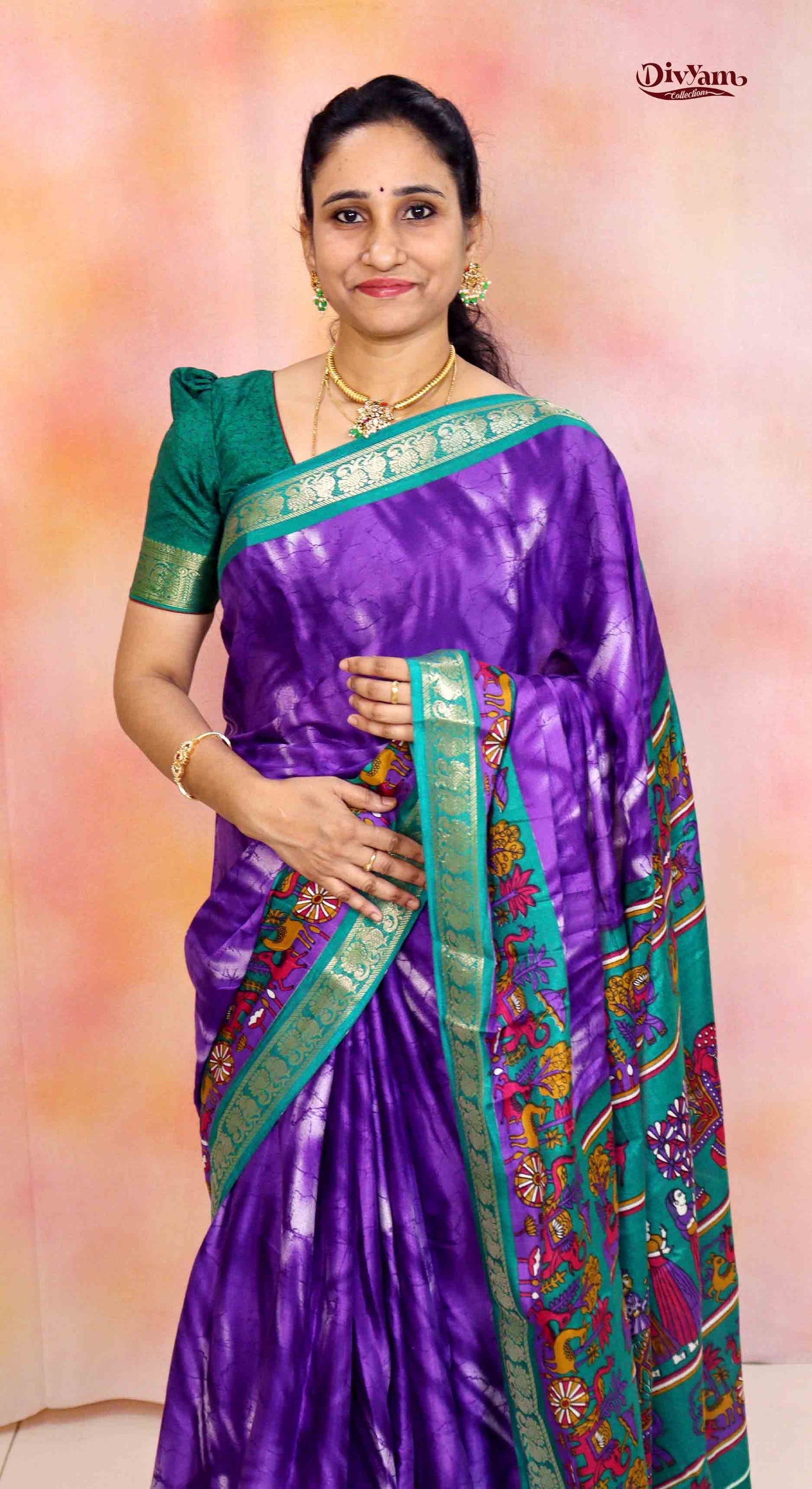 DC195 | Maheshwari Silk Shibori Print Saree with Pichwai Border & Narayanpet Jari Border