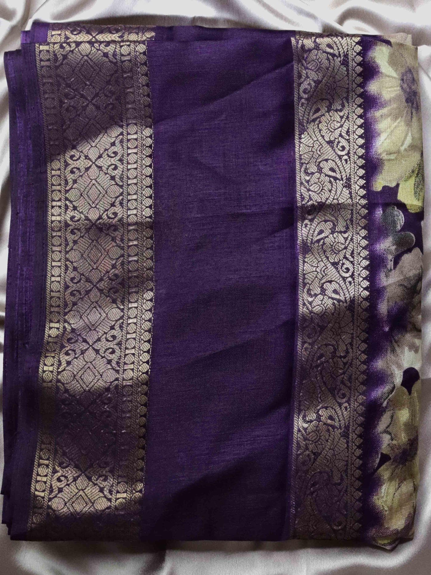 Dark Purple Fancy Silk Saree With Jacquard Gap Border and Beautiful Floral Print